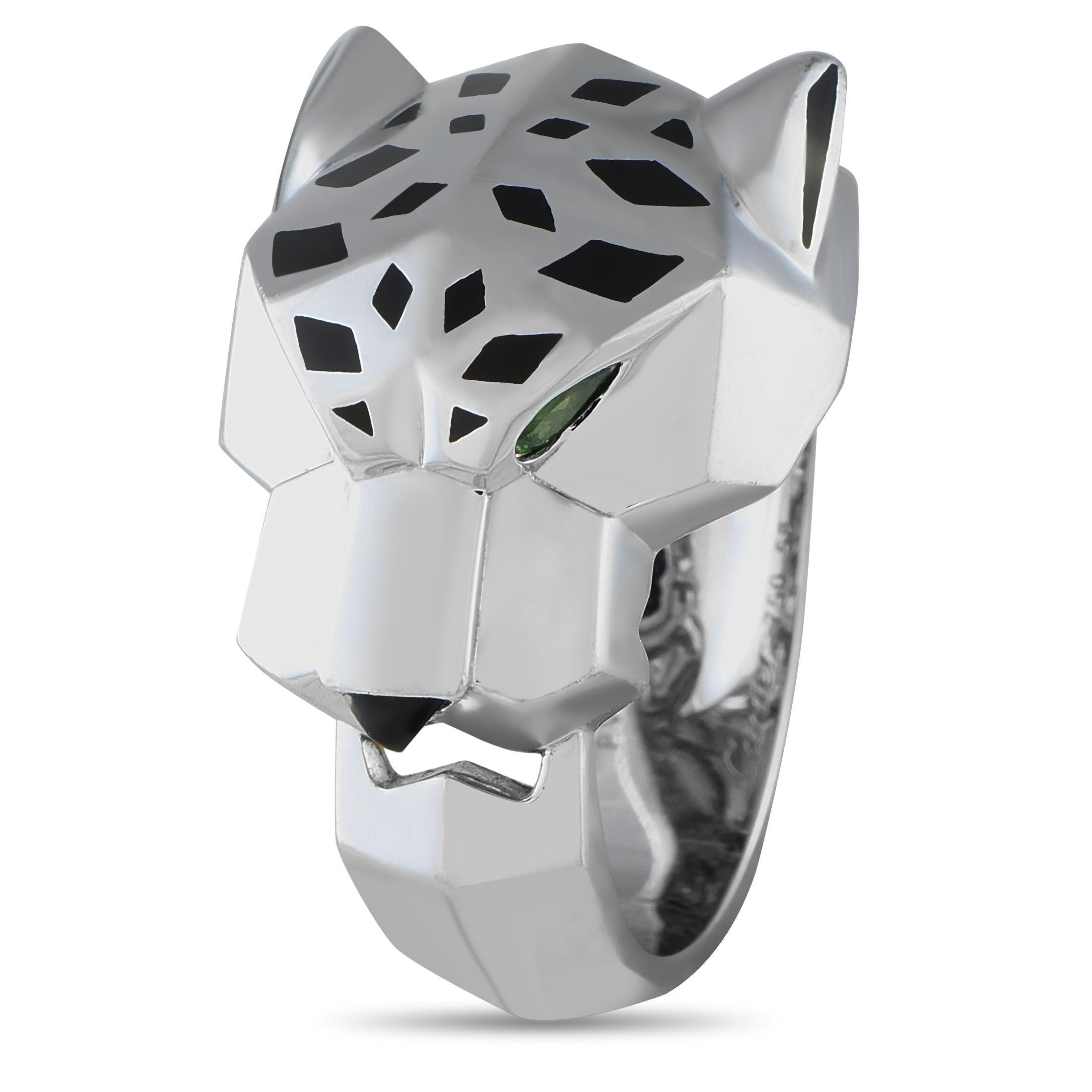 Designed to be a wearable sculpture, this Panthre ring is a true testament to Cartier's meticulous attention to detail. The ring features a beautifully sculpted panther icon, detailed with a sleek and muscular form, with black spots, and tsavorite