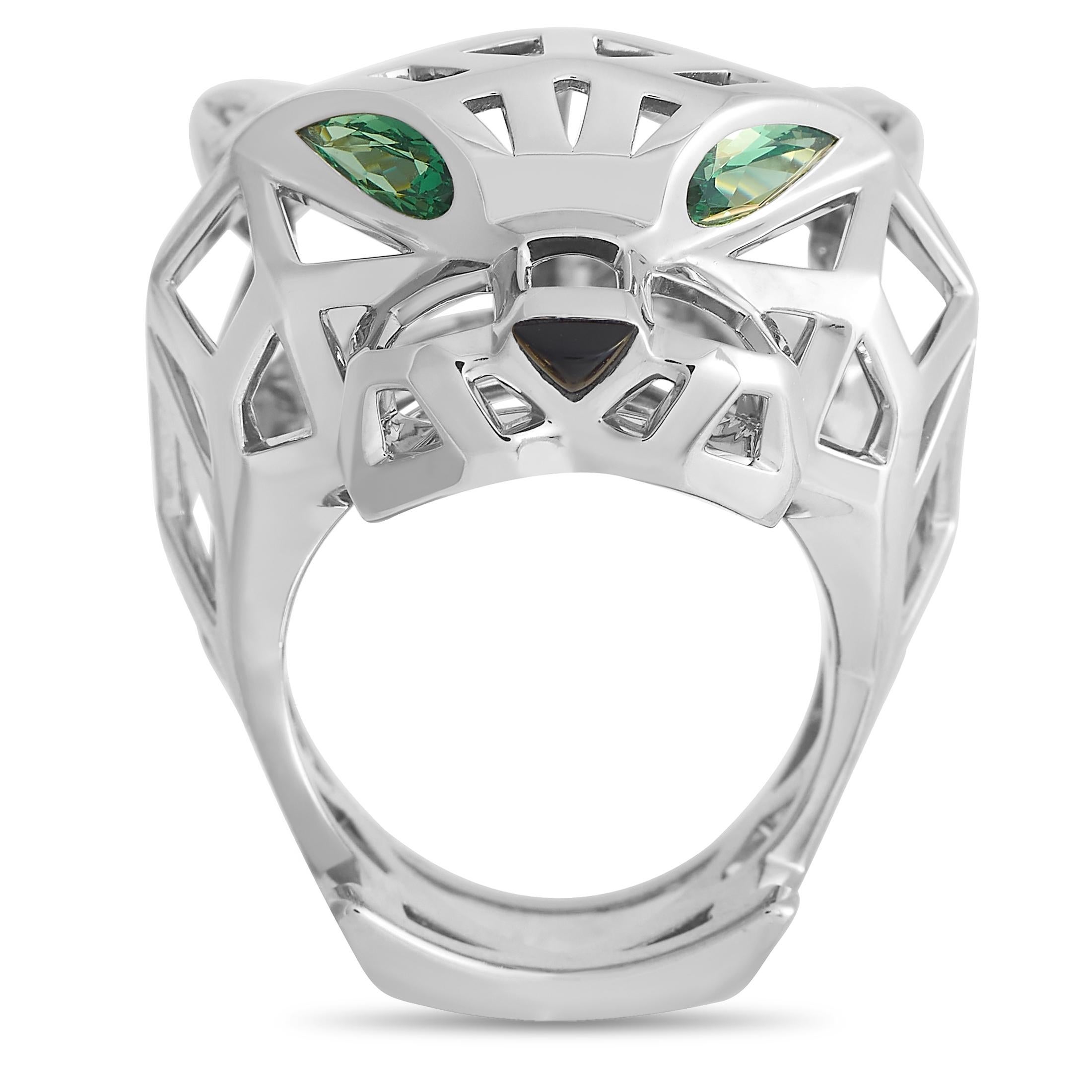 Chic and incredibly contemporary in design, this Cariter Panthere ring is unlike anything you’ve seen before. The iconic panther motif is highlighted by a negative space and comes to life thanks to shimmering gemstone “eyes.” A 7mm wide band and a