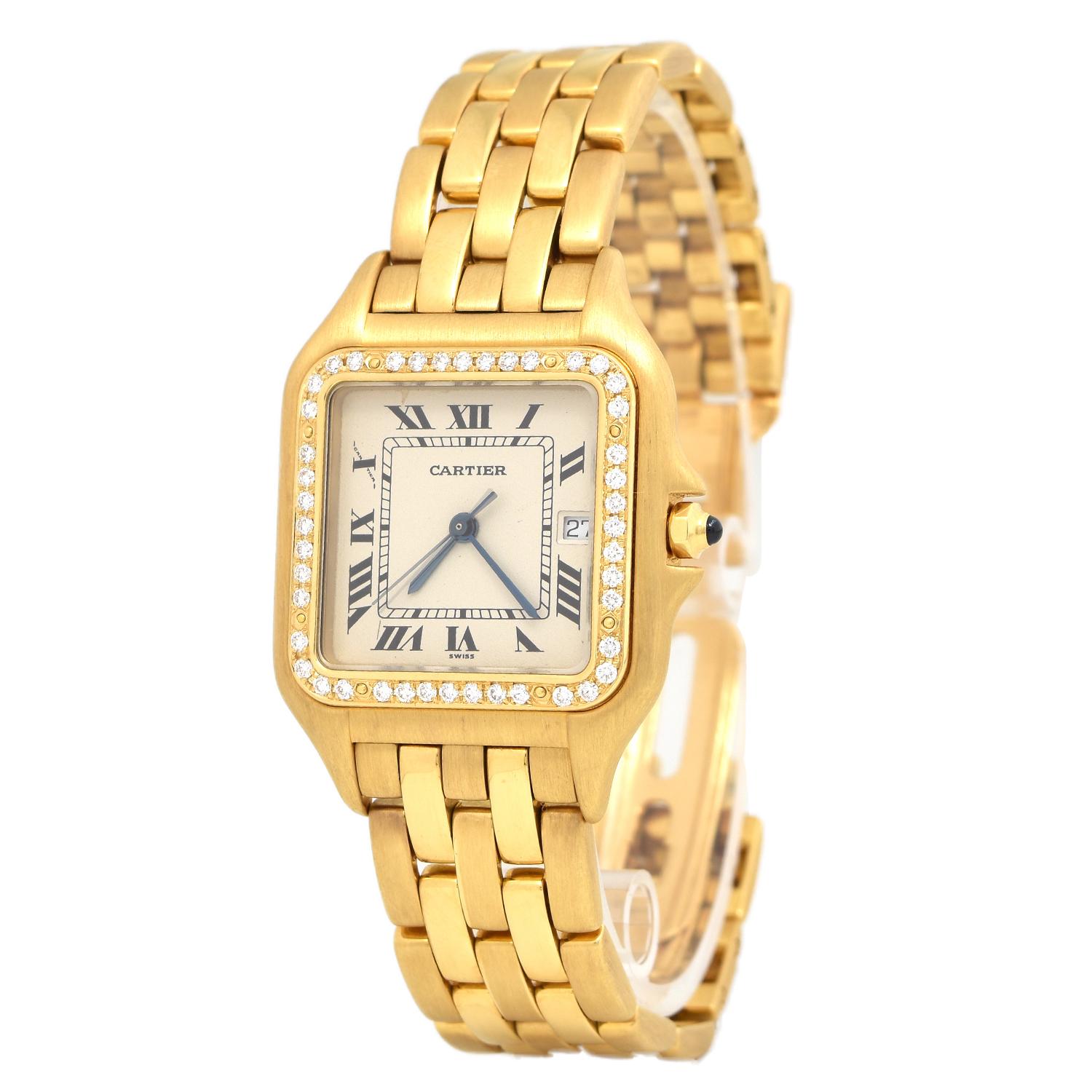 Brand: Cartier

Model: Panthere

Case: Beautiful 27mm 18k yellow gold case

Dial: Gorgeous white dial with Roman numeral indexes

Bracelet: Fitted on a yellow gold Cartier bracelet

Accessories: Box & Papers

Notes: Elegant Cartier Panthere watch
