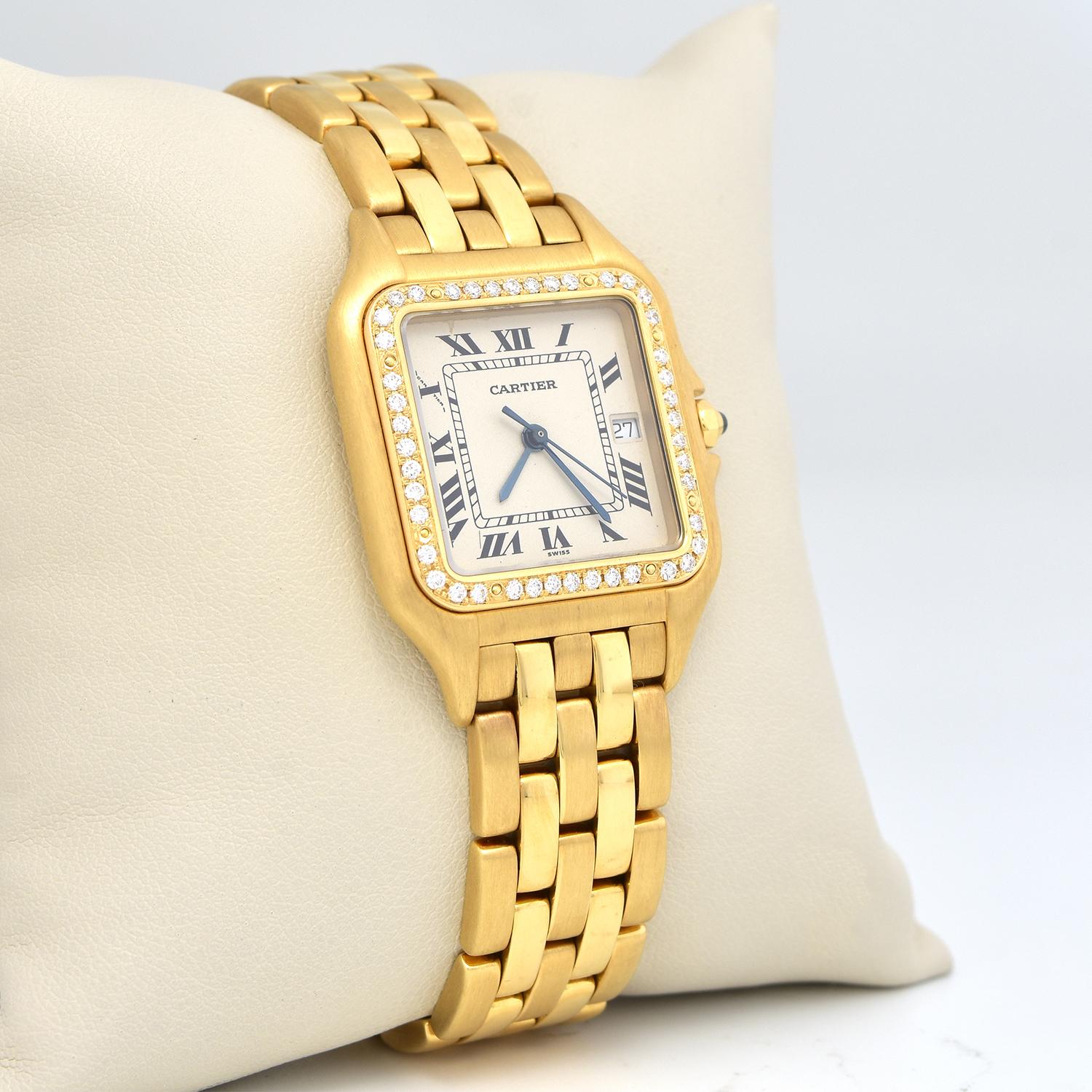 Round Cut Cartier Panthere 18k Yellow Gold Medium Size Diamond Bezel Watch Ref.887968