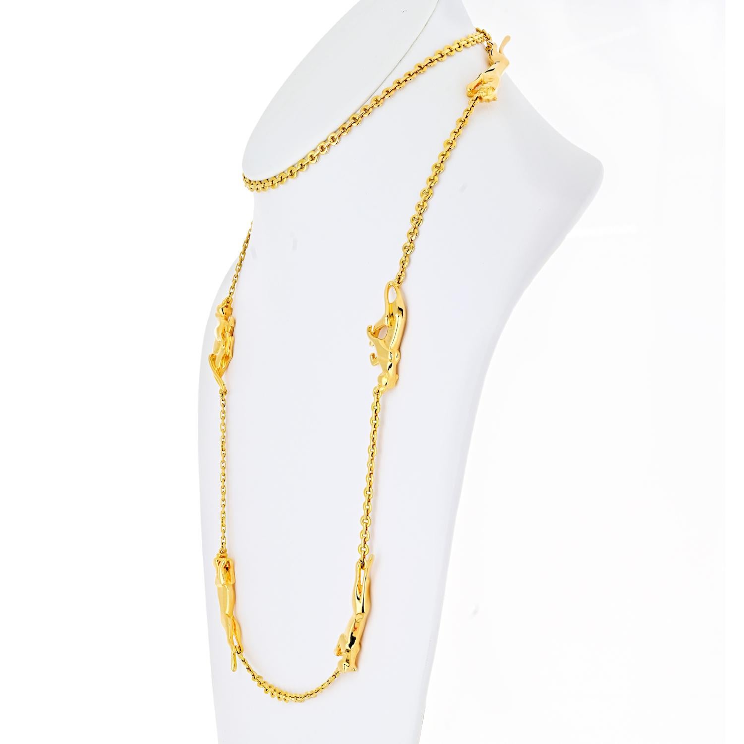 Cartier vintage chain necklace with 6 motif pantheres. 
Presented here is a rare find: long strand 6 motif Running Panthere chain necklace. Excellent condition, timeless design with vintage, more masculine looking panthere charms.
The necklace