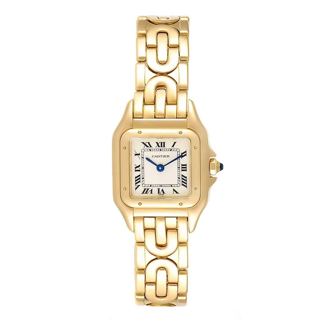 Cartier Panthere 18k Yellow Gold Art Deco Bracelet Ladies Watch 107000. Quartz movement. 18k yellow gold case 22.0 x 22.0 mm (28.0 including the lugs). Octagonal crown set with the blue sapphire cabochon. 18k yellow gold polished bezel, secured with