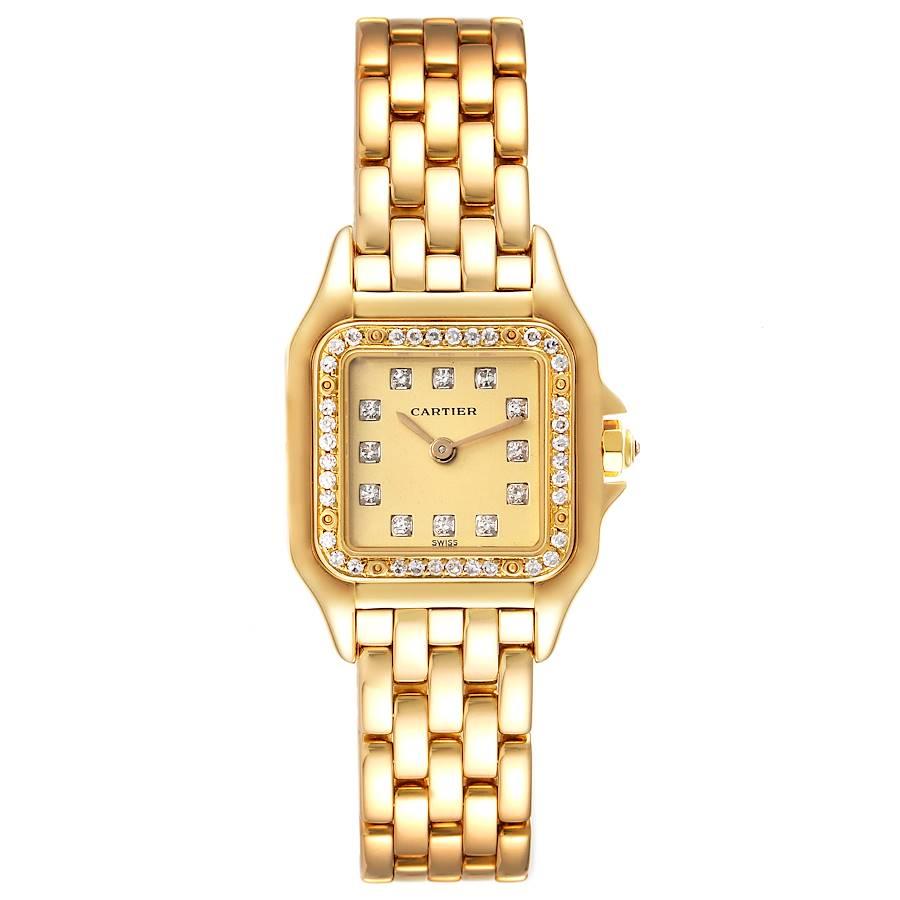 Cartier Panthere 18k Yellow Gold Diamond Ladies Watch 866911. Quartz movement. 18k yellow gold case 22.0 x 22.0 mm (28.0 including the lugs). Octagonal crown set with the diamond. Original Cartier factory 18k yellow gold diamond bezel. Scratch