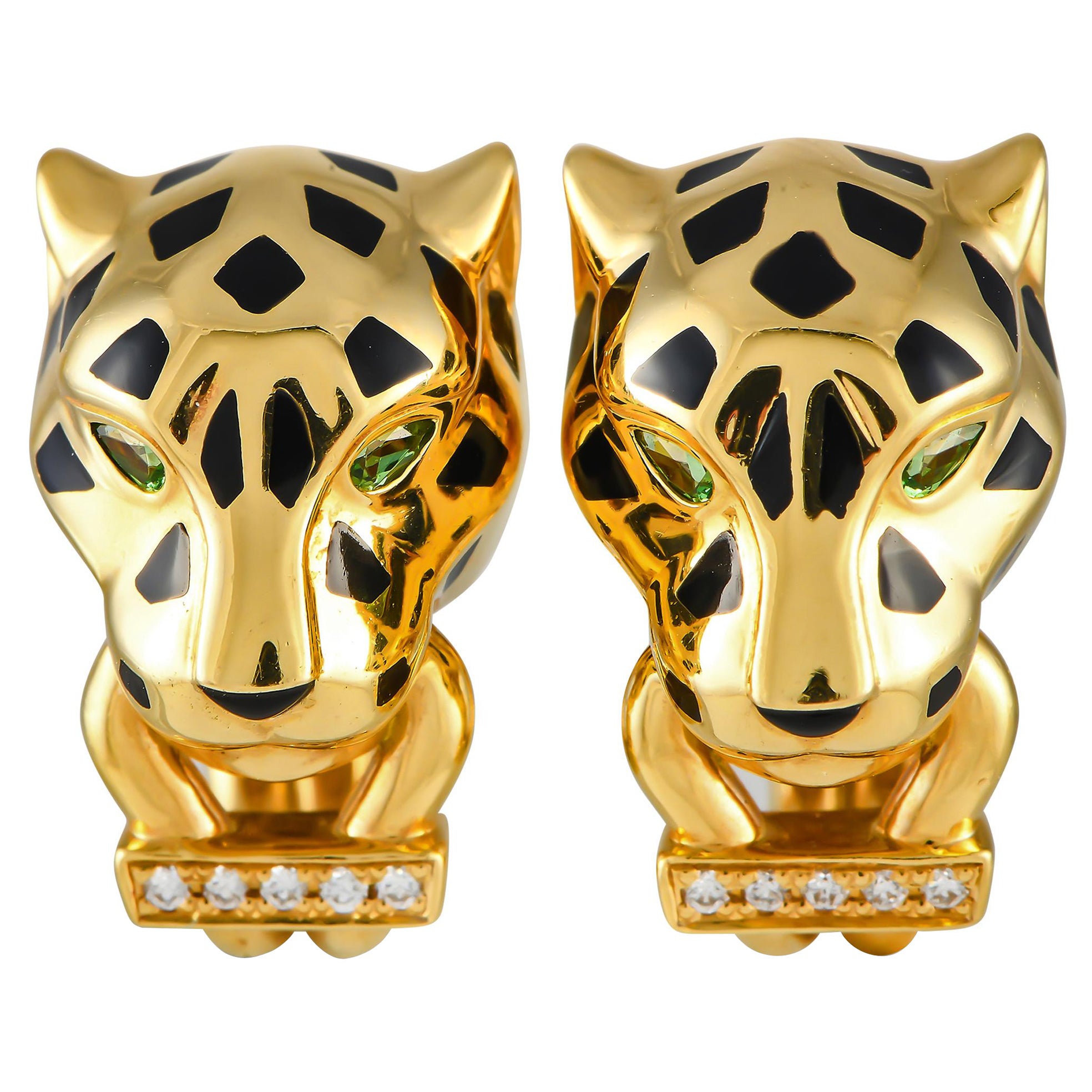 Cartier Panthere Ohrringe aus 18 Karat Gelbgold mit Diamanten, Tsavorit und schwarzem Lack