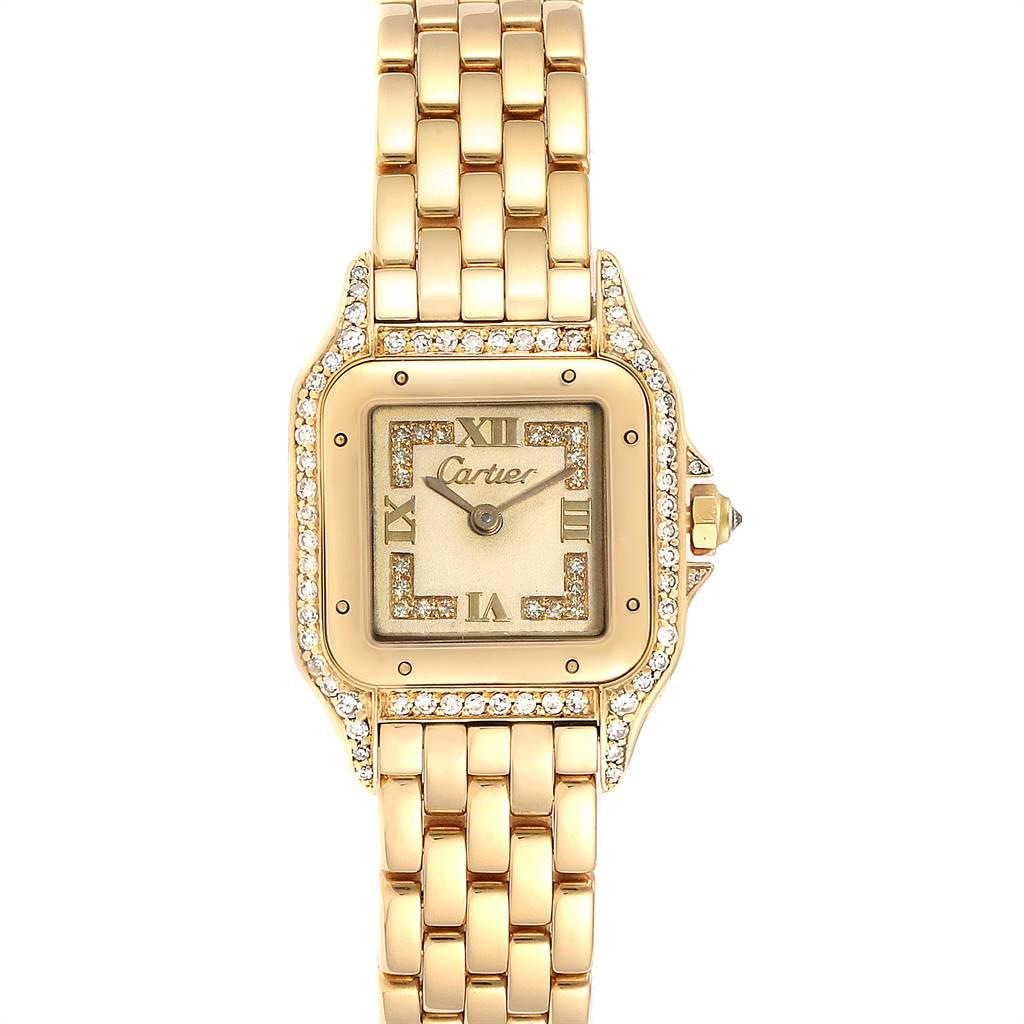 Cartier Panthere 18k Yellow Gold Diamonds Ladies Watch WF3072B9. 18k yellow gold case 22.0 x 22.0 mm (28.0 including the lugs). Octagonal crown set with diamond. Diamond set lugs and case. 18k yellow gold diamond bezel. Scratch resistant sapphire