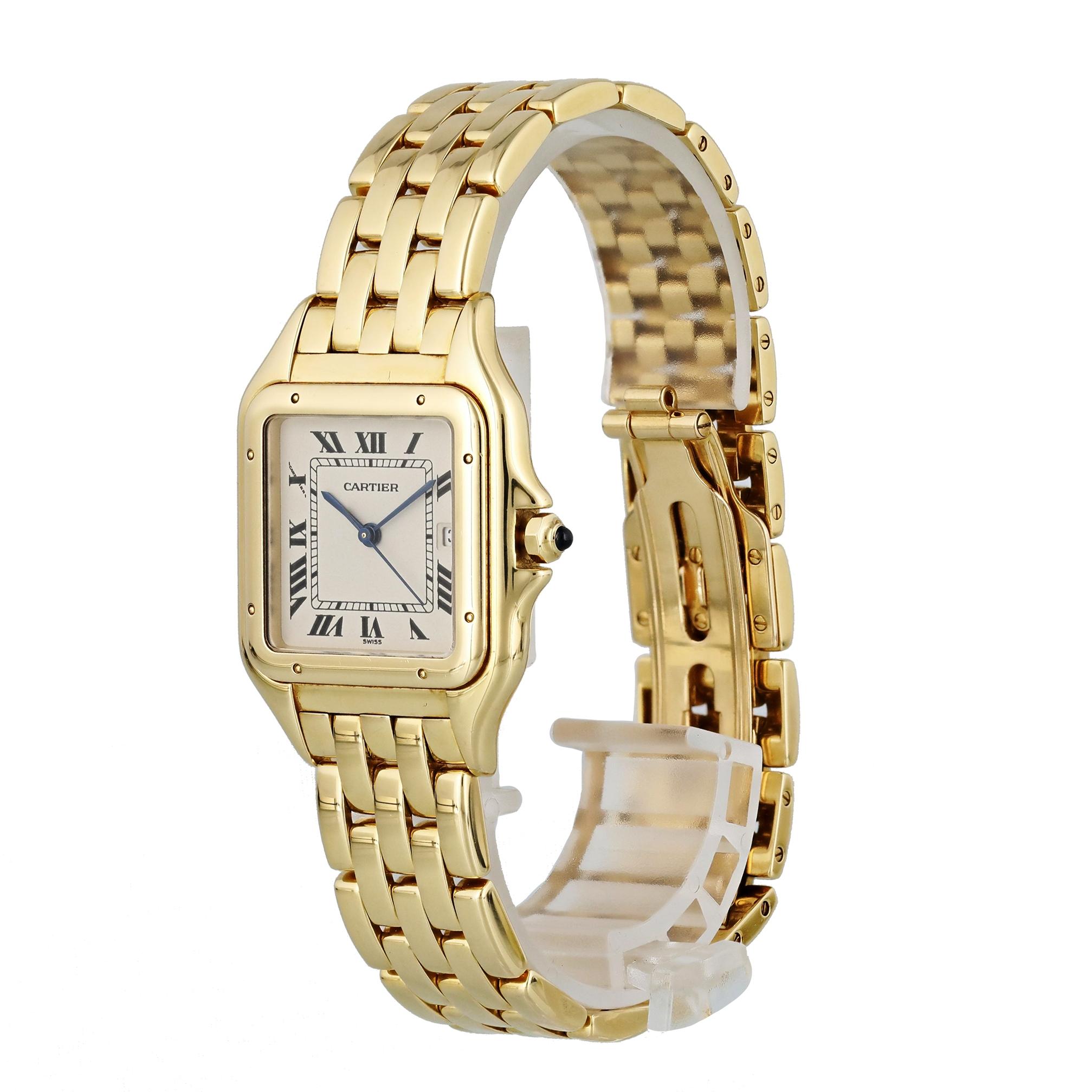 Cartier Panthere Large 887968 Watch. 
29mm 18k Yellow Gold case. 
Stainless Steel Stationary bezel. 
Off-White dial with Blue steel hands and Roman numeral hour markers. 
Minute markers on the outer dial. 
Date display at the 3 o'clock position.