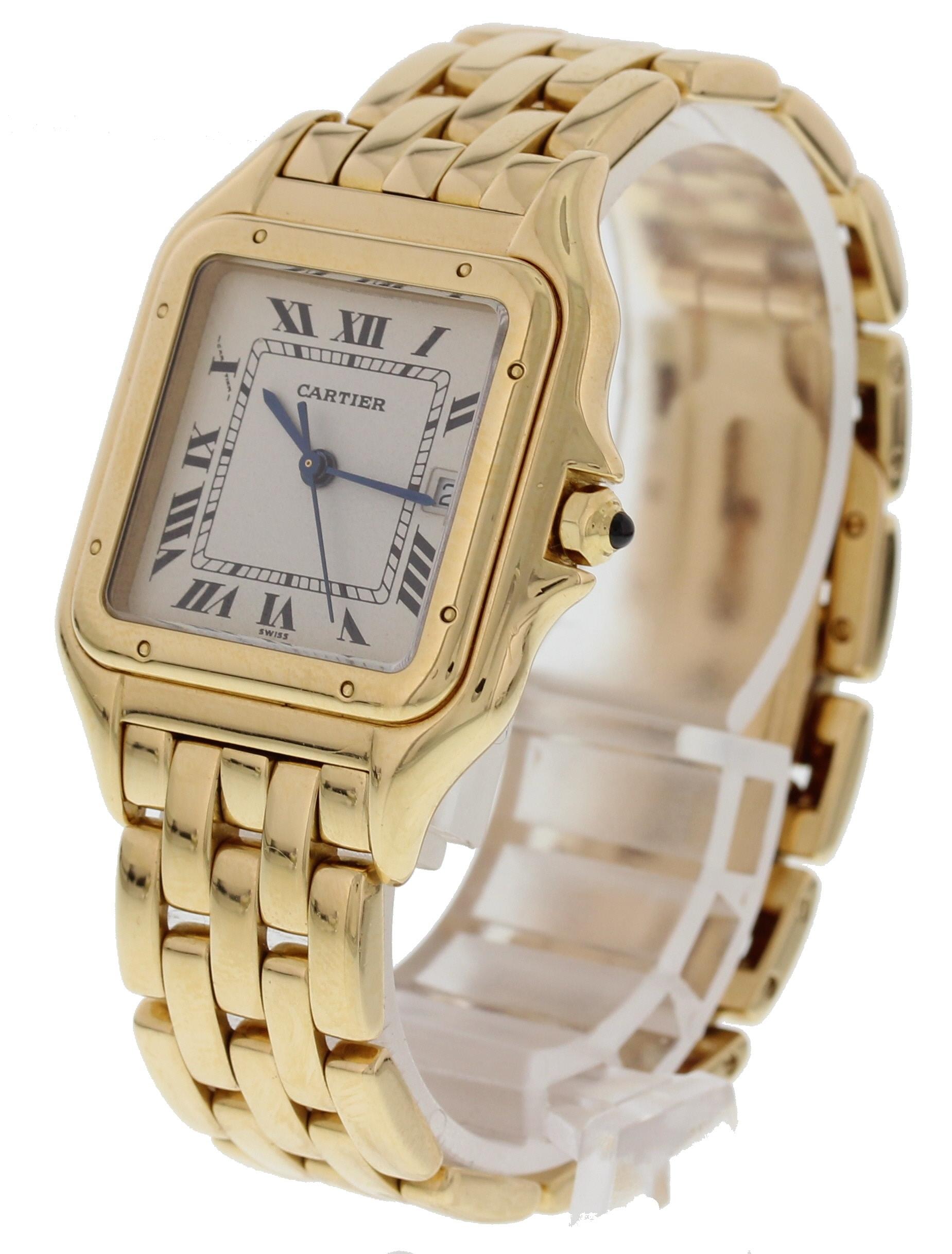 Cartier Panthere Large 887968 Watch. 
29mm 18k Yellow gold case. 
Yellow gold Stationary bezel. 
Off-White dial with Blue steel hands and Roman numeral hour markers. 
Minute markers on the outer dial. 
Date display at the 3 o'clock position. 
Yellow