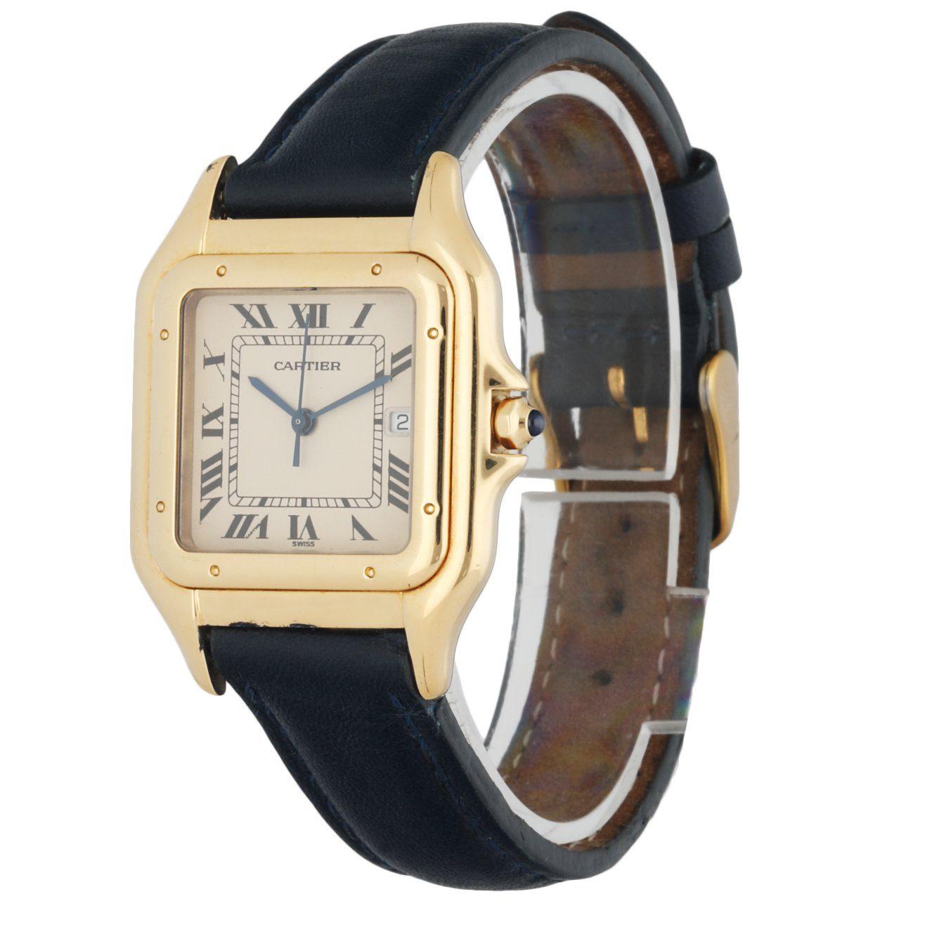 Cartier Panthere Large Watch. 29mm 18k Yellow Gold case. 18K Yellow Gold bezel. Off-White dial with Blue steel hands and black Roman numeral hour markers. Minute markers on the inner dial. Date display at the 3 o'clock position. Black leather strap