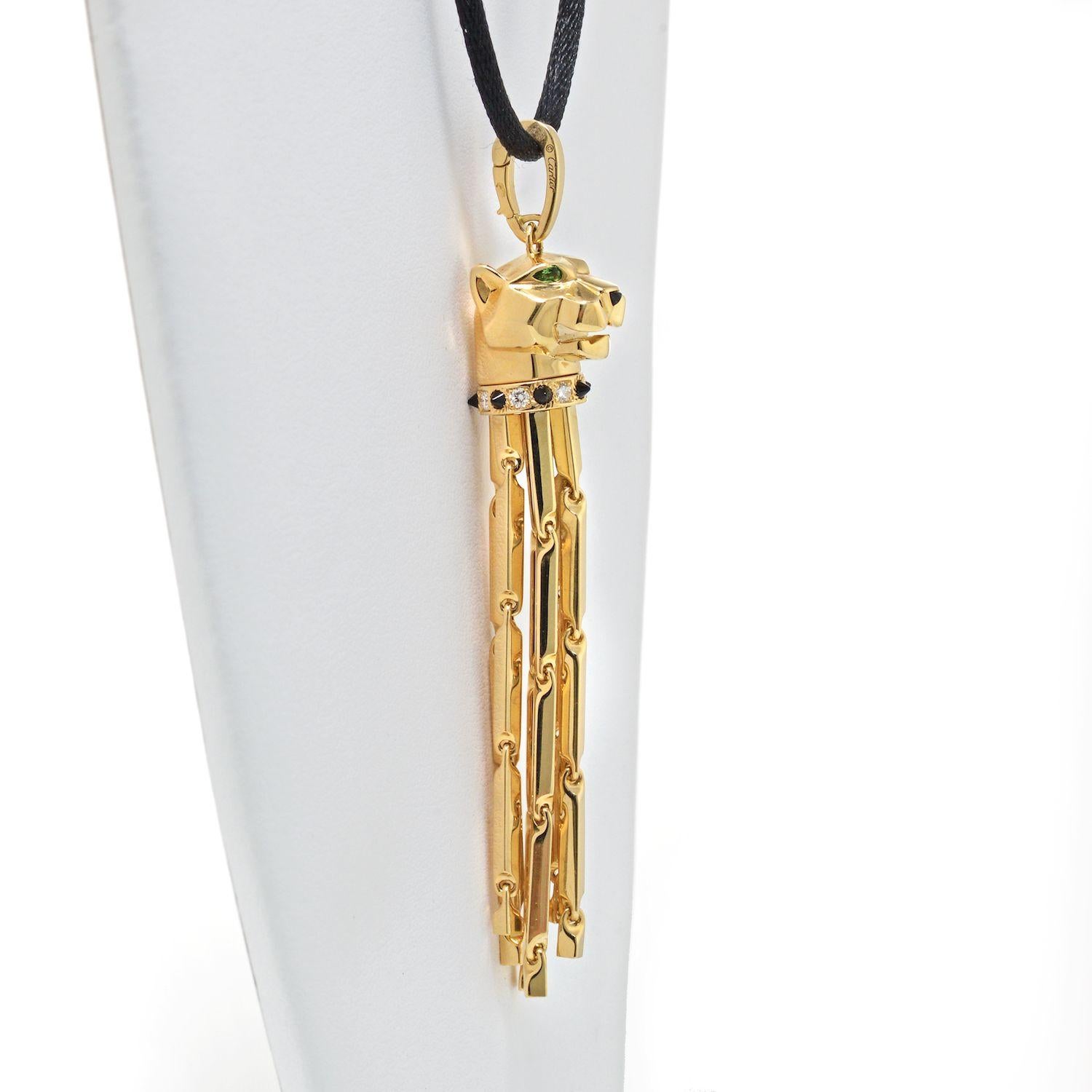 Modern Cartier Panthere 18k Yellow Gold on a Black Cord Pendant For Sale