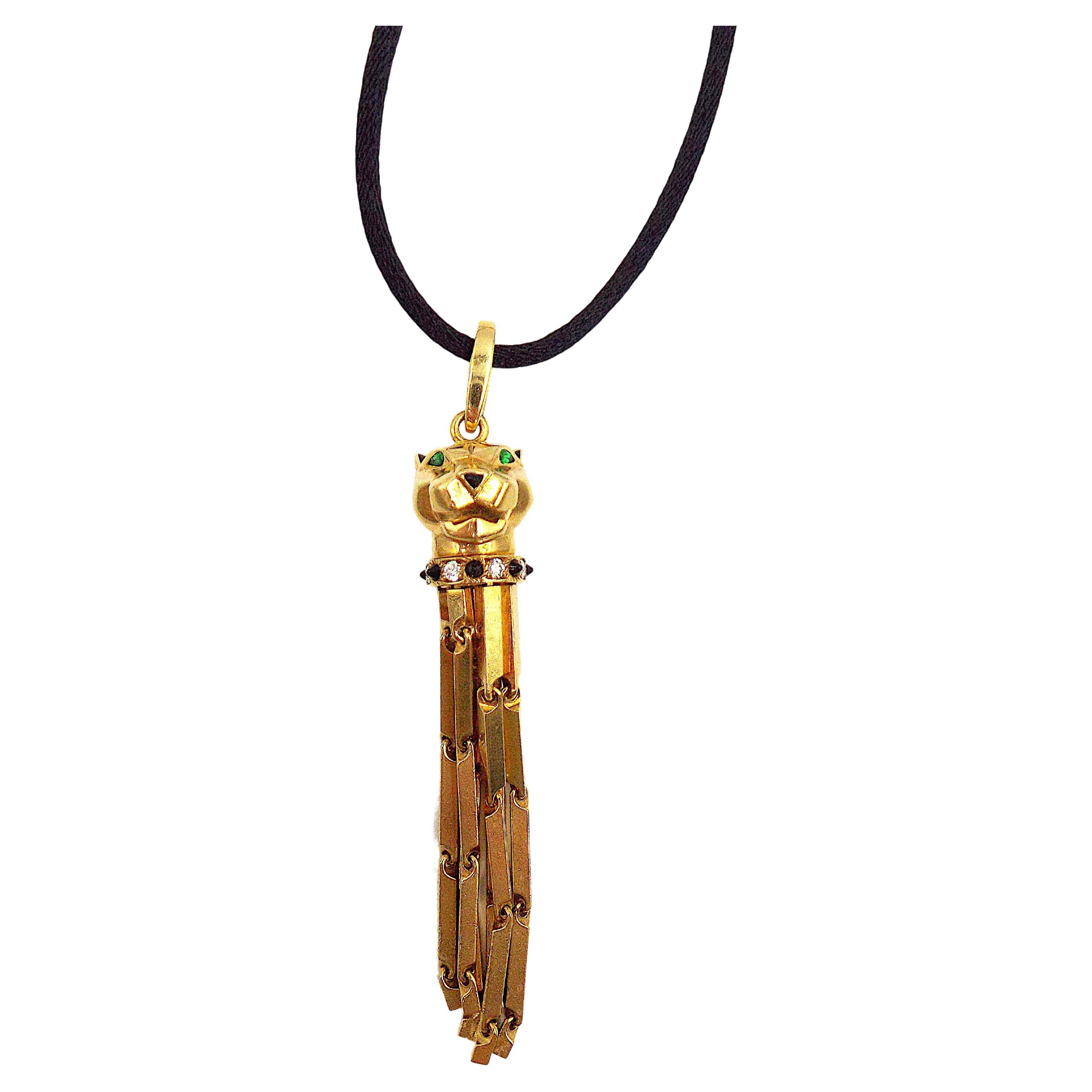 Cartier Panthere 18K Yellow Gold Pendant Necklace with a Black Cord