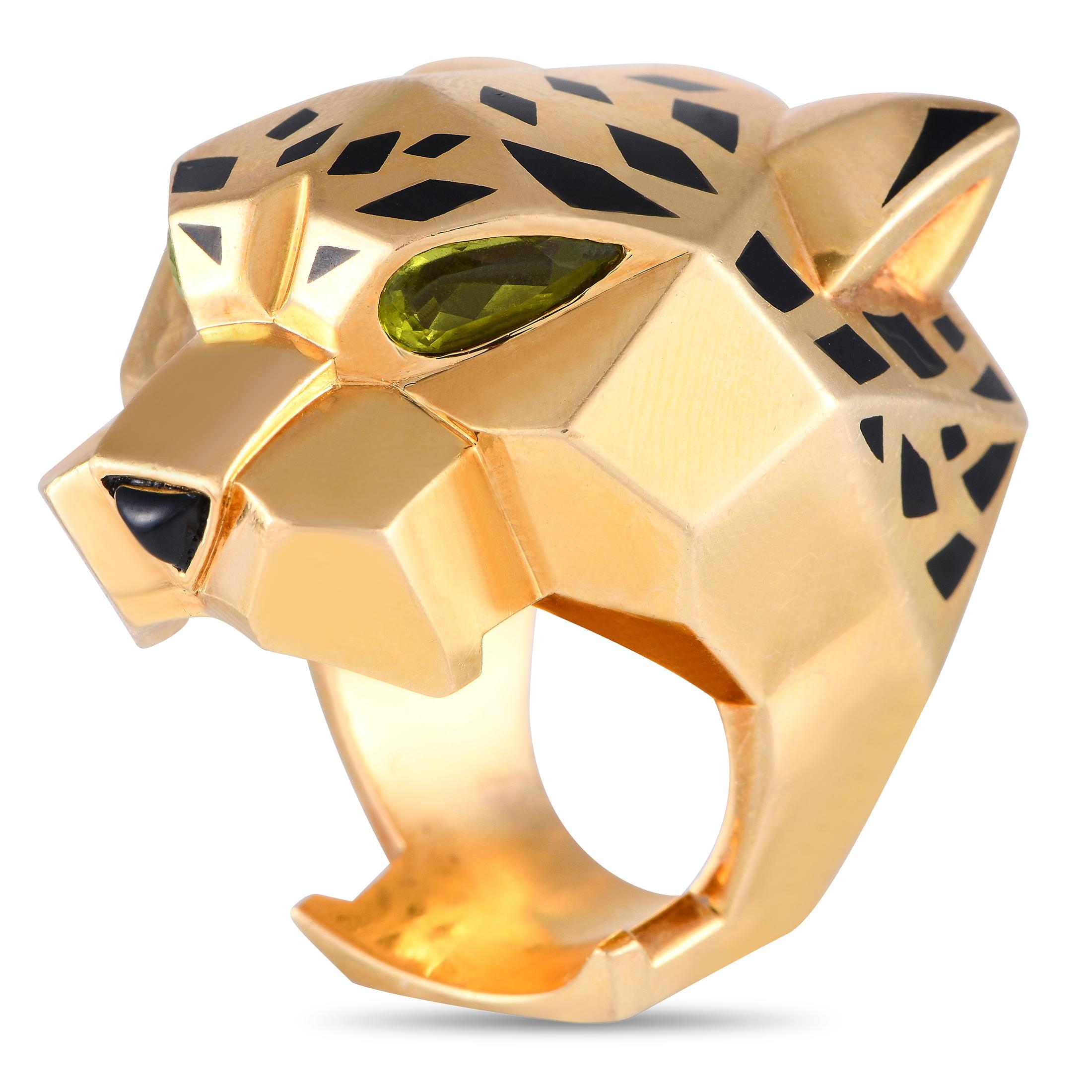 Wear confidence through this Cartier Panthere ring. Its yellow gold band is sculpted to feature Cartier's icon of design, the panther, complete with peridot eyes, an onyx nose, and black lacquered spots. This angular and geometric ring undeniably