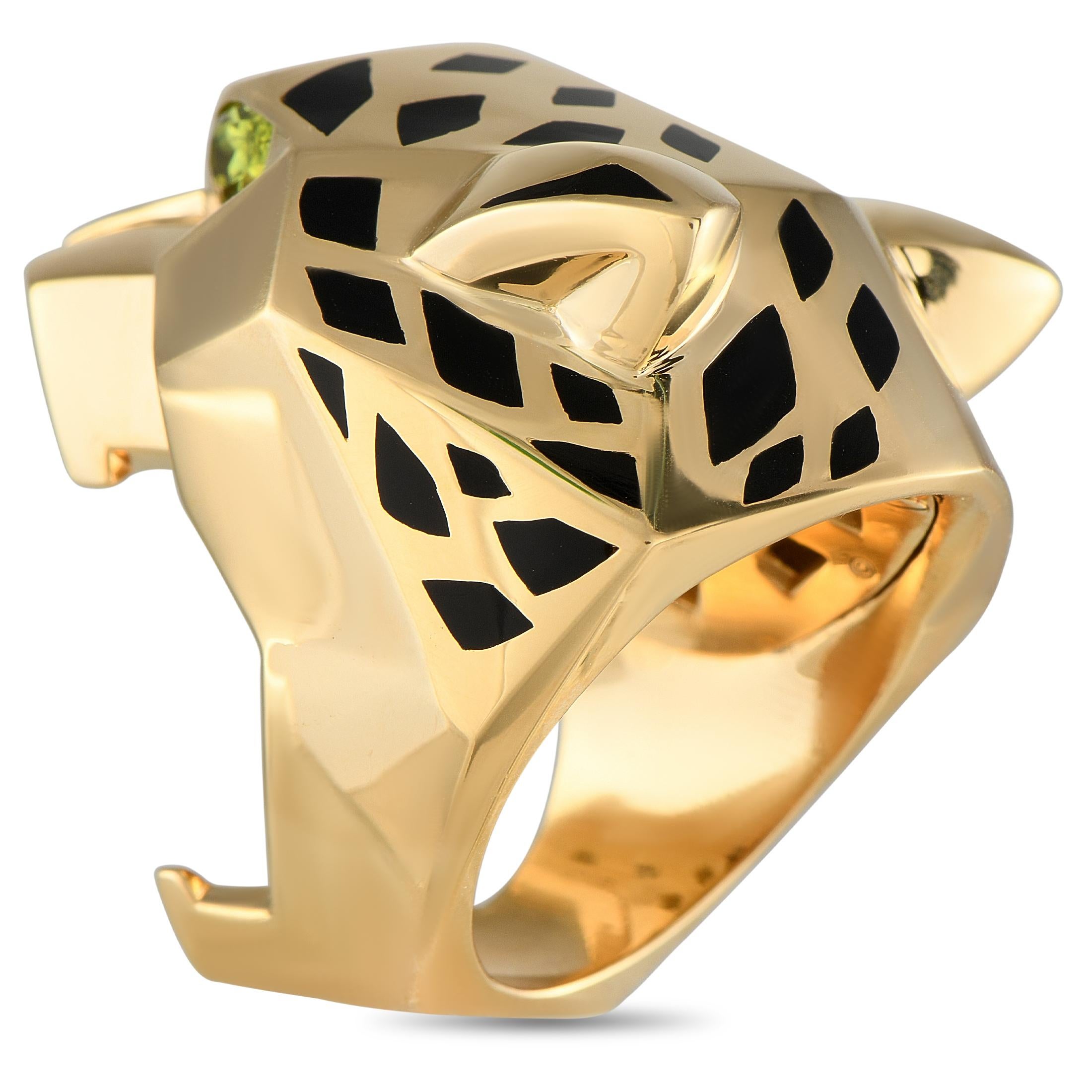 This Cartier Panthere ring is designed to make a statement. Featuring the luxury brands symbolic animal, this iconic accessory comes to life thanks to contrasting pops of color and an uncompromising sense of style. Crafted from 18K Yellow Gold, it