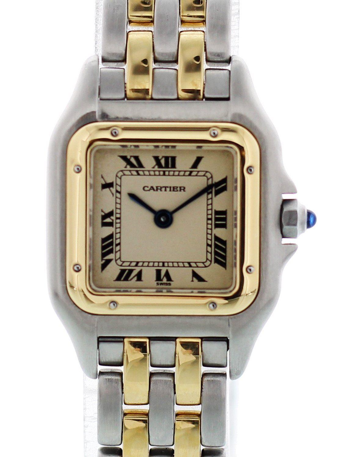 Ladies Cartier Panthere. 23 mm stainless steel case. 18k yellow gold bezel. Off-White dial with blue hands and black roman numeral markers. 18k yellow gold and stainless steel band with two rows of gold links. Steel hidden butterfly clasp. Will fit