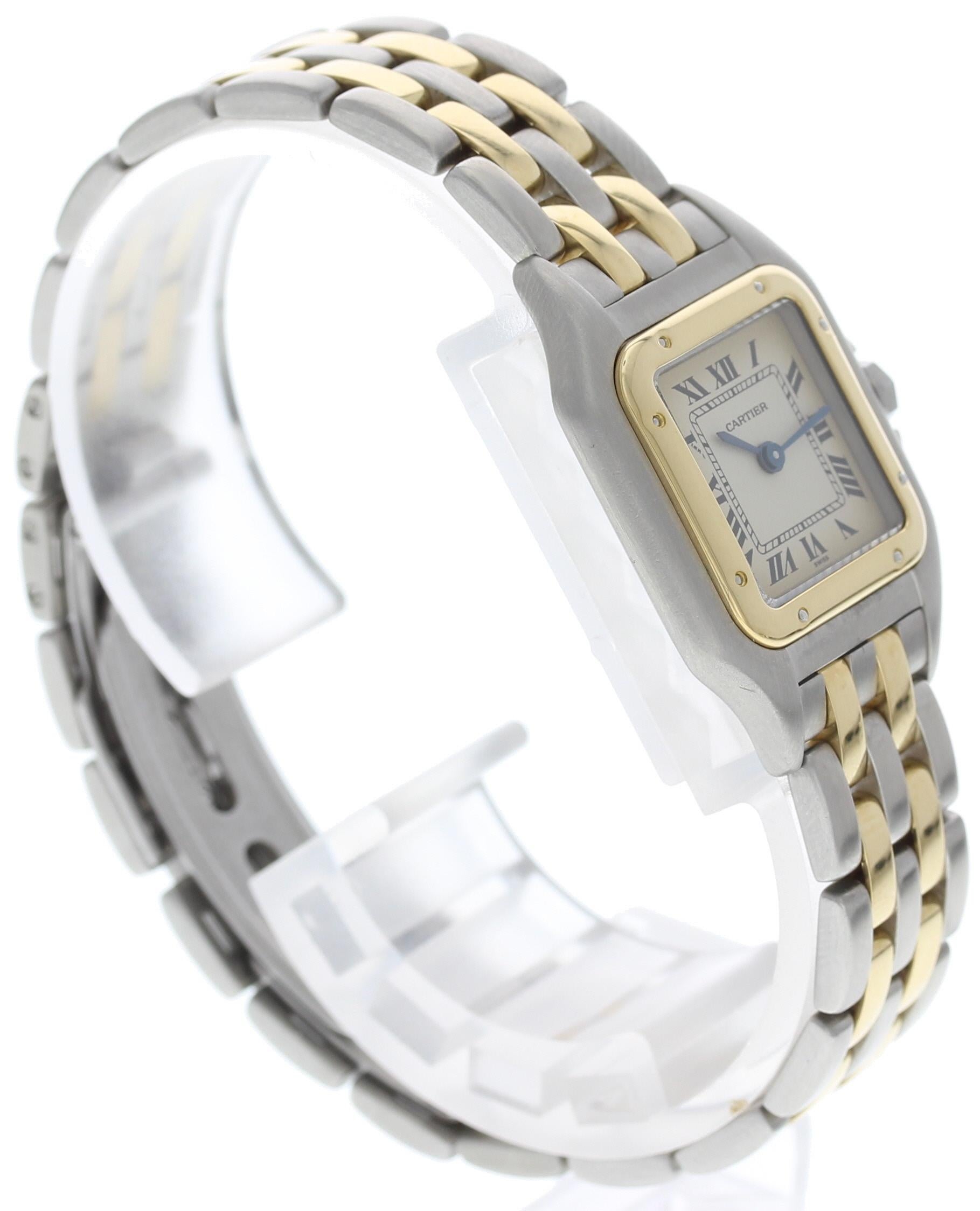 Ladies Cartier Panthere. 22 mm stainless steel case. 18k yellow gold bezel. Off-White dial with blue hands and black roman numeral markers. 18k yellow gold and stainless steel band with two rows of gold links. Steel hidden butterfly clasp. Will fit