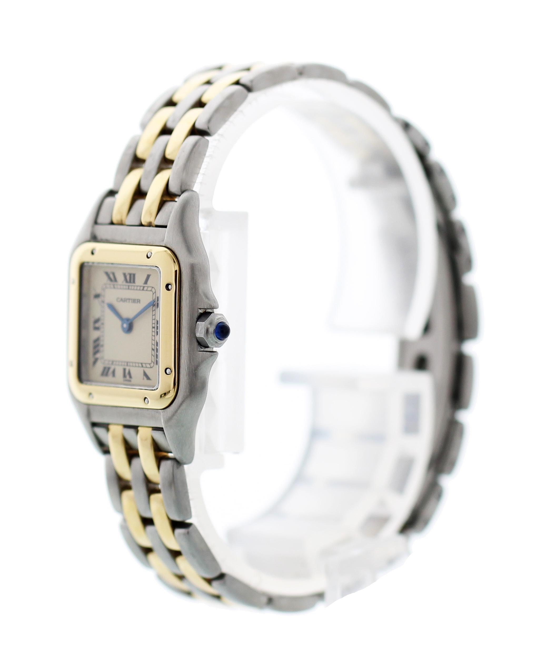 Ladies Cartier Panthere. 23 mm stainless steel case. 18k yellow gold bezel. Off-White dial with blue hands and black roman numeral markers. 18k yellow gold and stainless steel band with two rows of gold links. Steel hidden butterfly clasp. Will fit