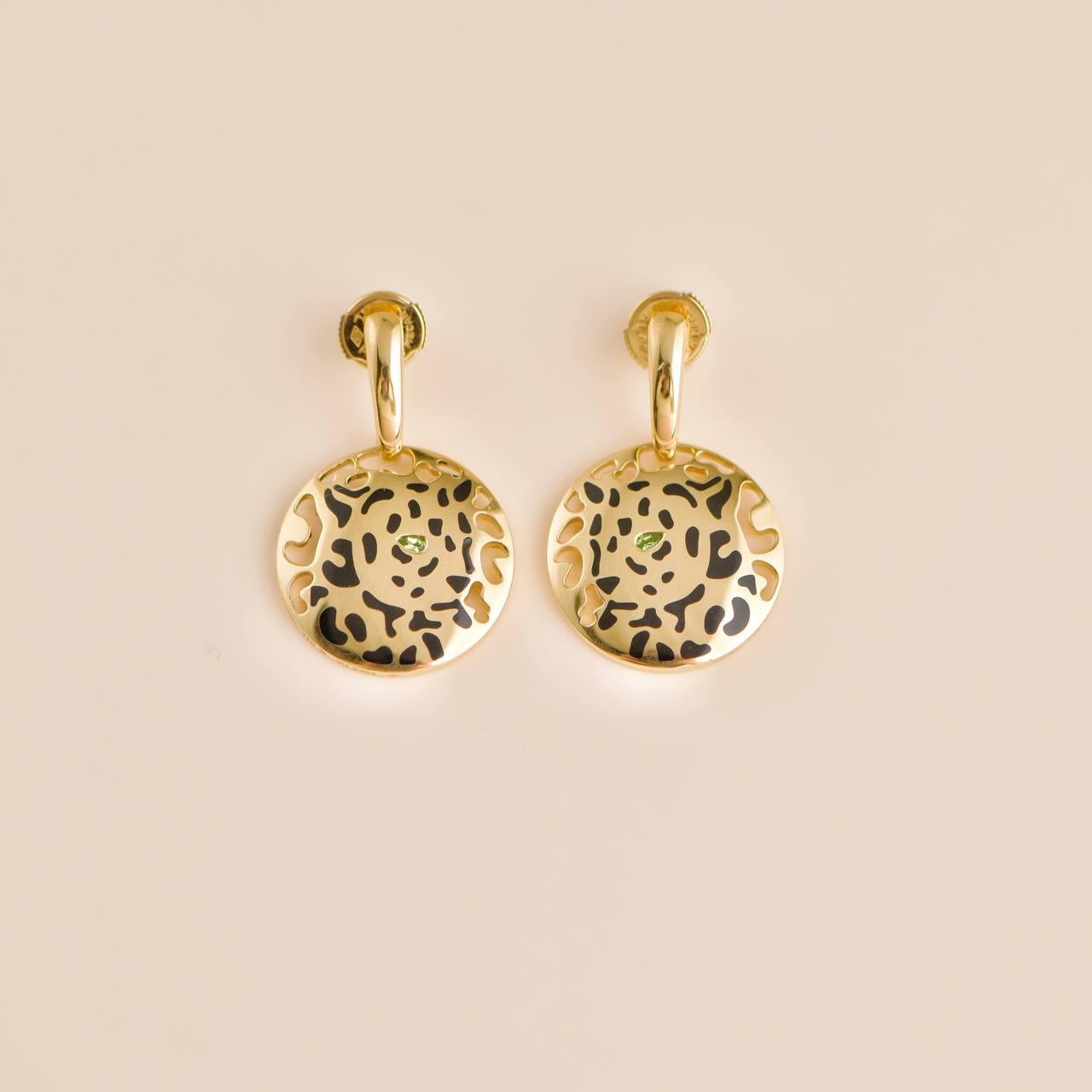 Women's or Men's Cartier Panthère 18K Yellow Gold Tsavorite and Black Enamel Dangle Earrings
