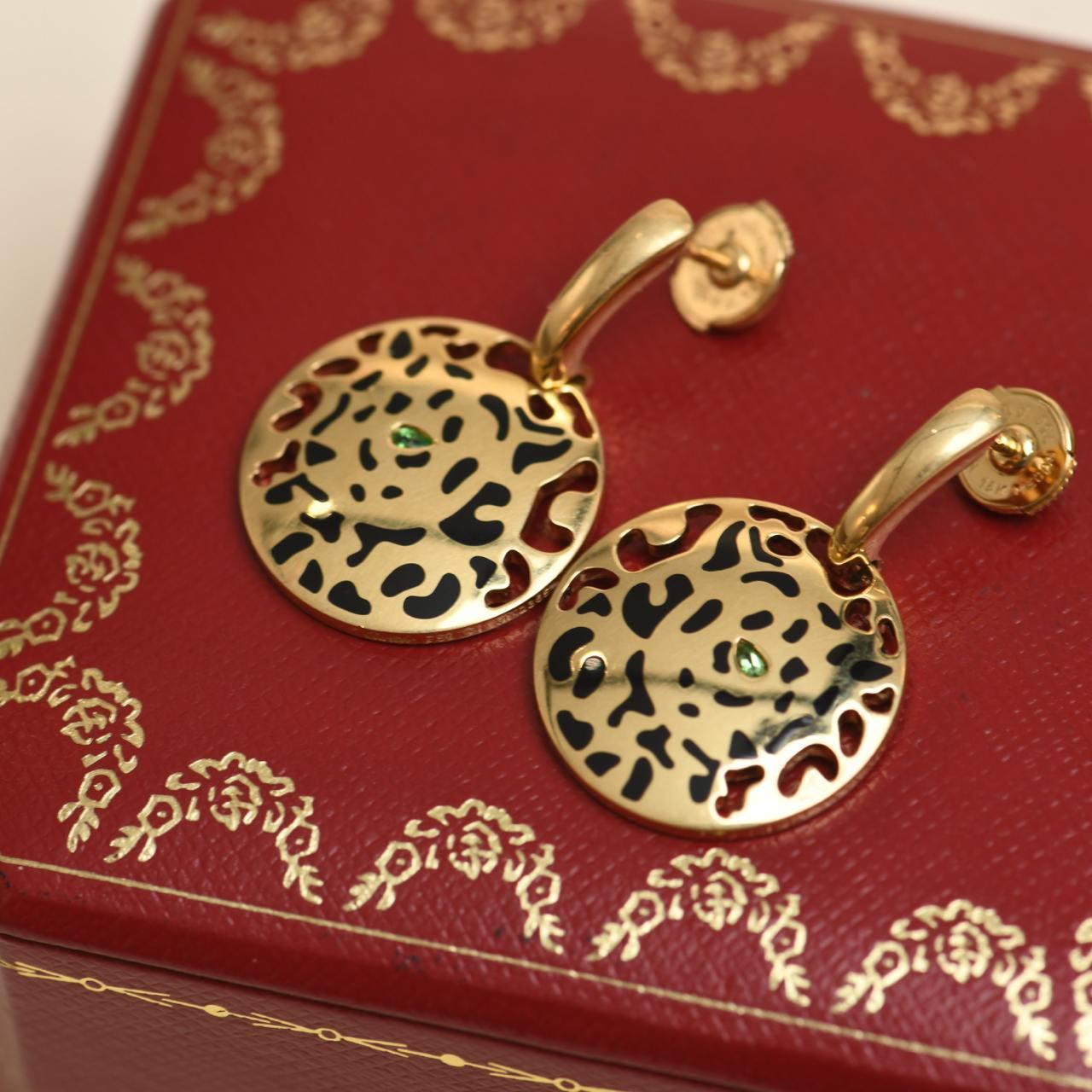 Cartier Panthère 18K Yellow Gold Tsavorite and Black Enamel Dangle Earrings In Excellent Condition In Banbury, GB