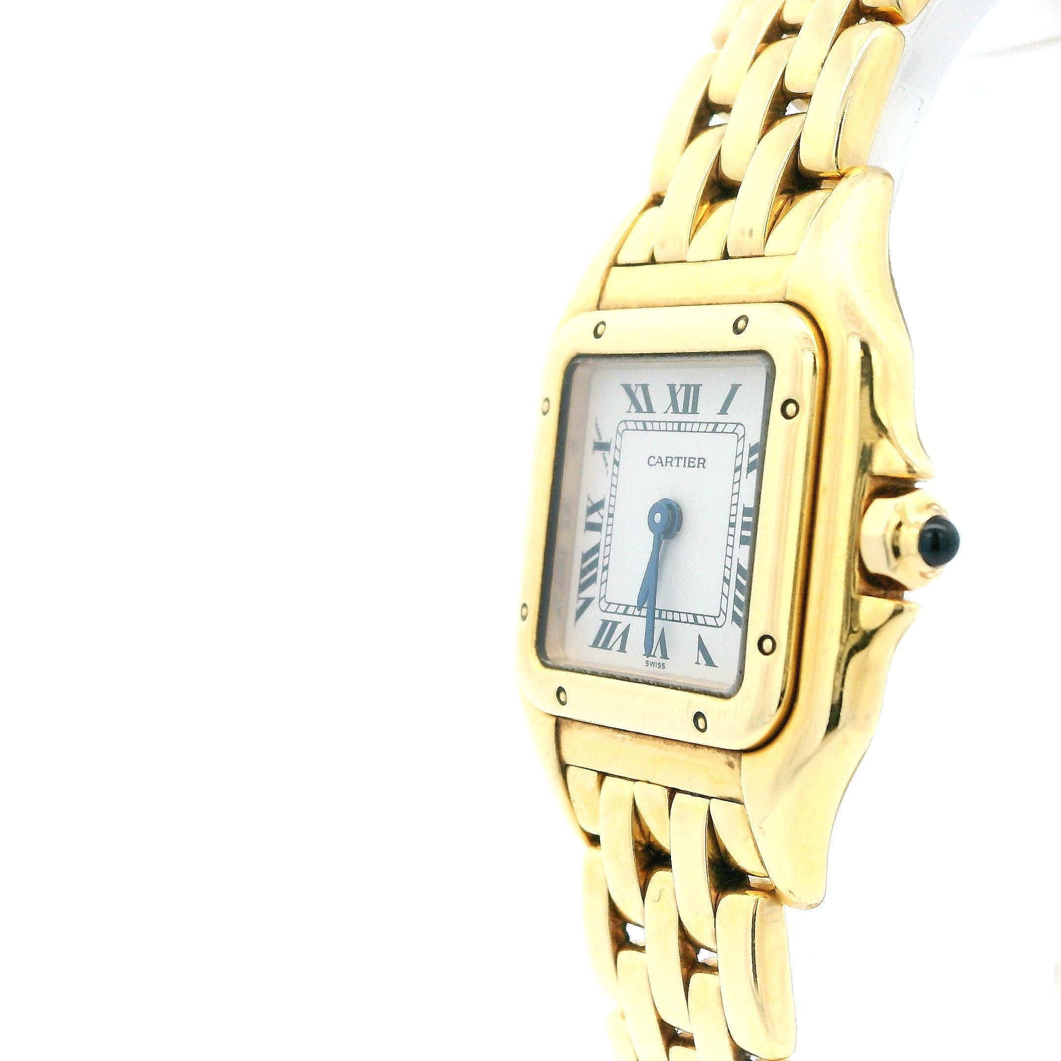 Cartier Panthere Ladies Watch. 22mm 18K yellow gold case. 18K yellow gold smooth bezel. Off-White dial with blue steel hands and Roman numeral hour markers. Minute markers on the inner dial. 18K yellow gold bracelet with hidden butterfly clasp.