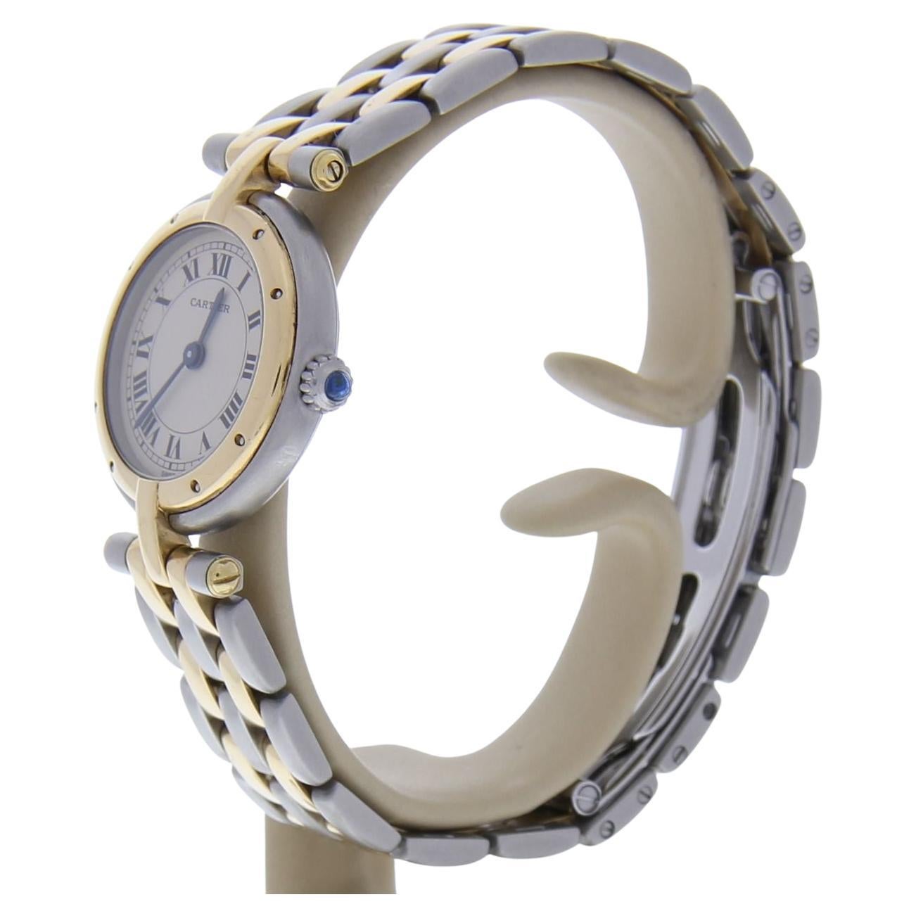 Cartier Panthere 19145
Two-tone stainless steel case with a two-tone stainless steel bracelet. Fixed two-tone stainless steel bezel. White dial with blue hands and Roman numeral hour markers. Dial Type: Analog. Quartz movement. Solid case back. Case
