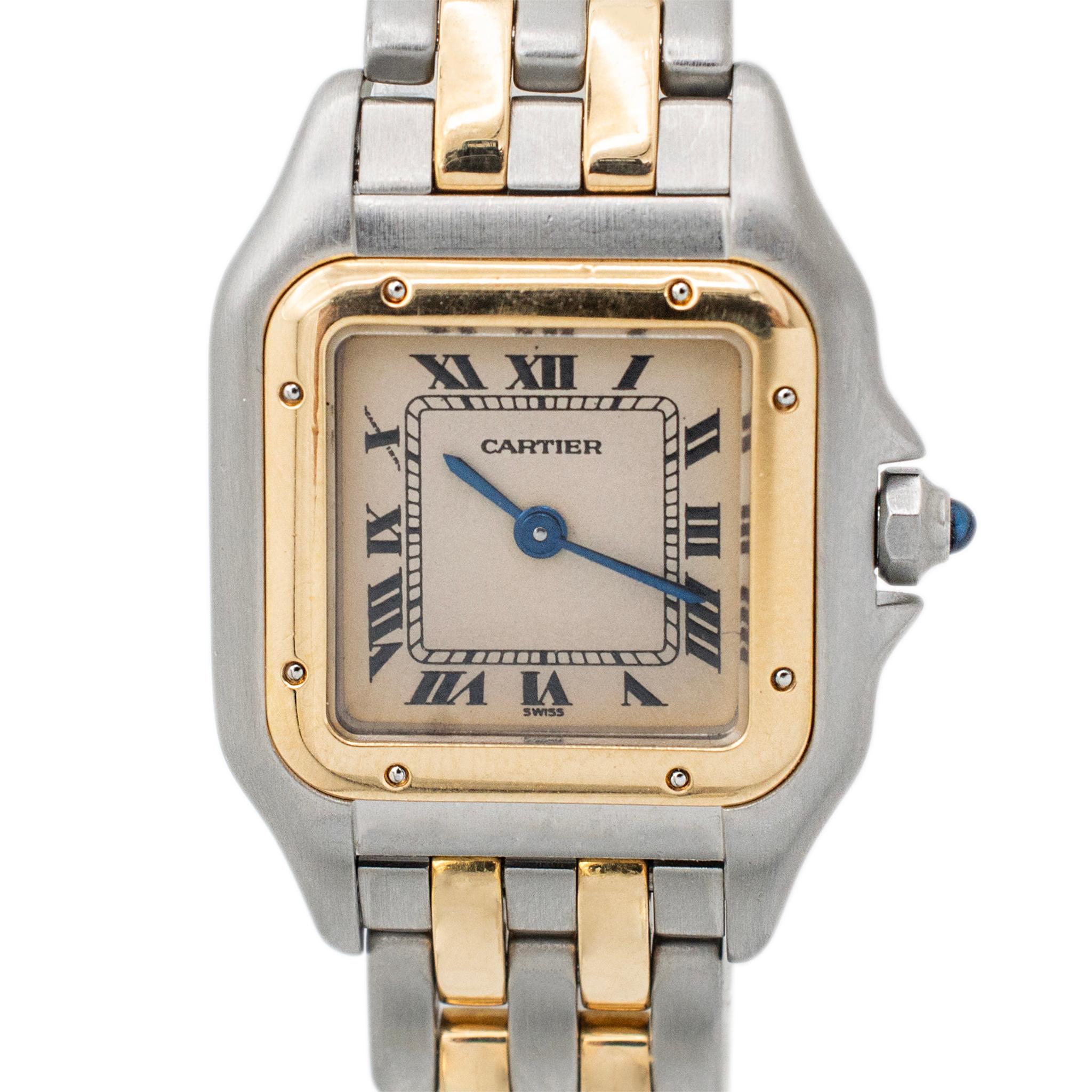 Brand: Cartier

Gender: Ladies

Metal Type: Stainless Steel and 18K Yellow Gold

Diameter: 22.00 mm

Weight: 42.55 grams

Ladies, stainless steel and 18K yellow gold, Cartier Swiss-made watch. The metals were tested and determined to be stainless