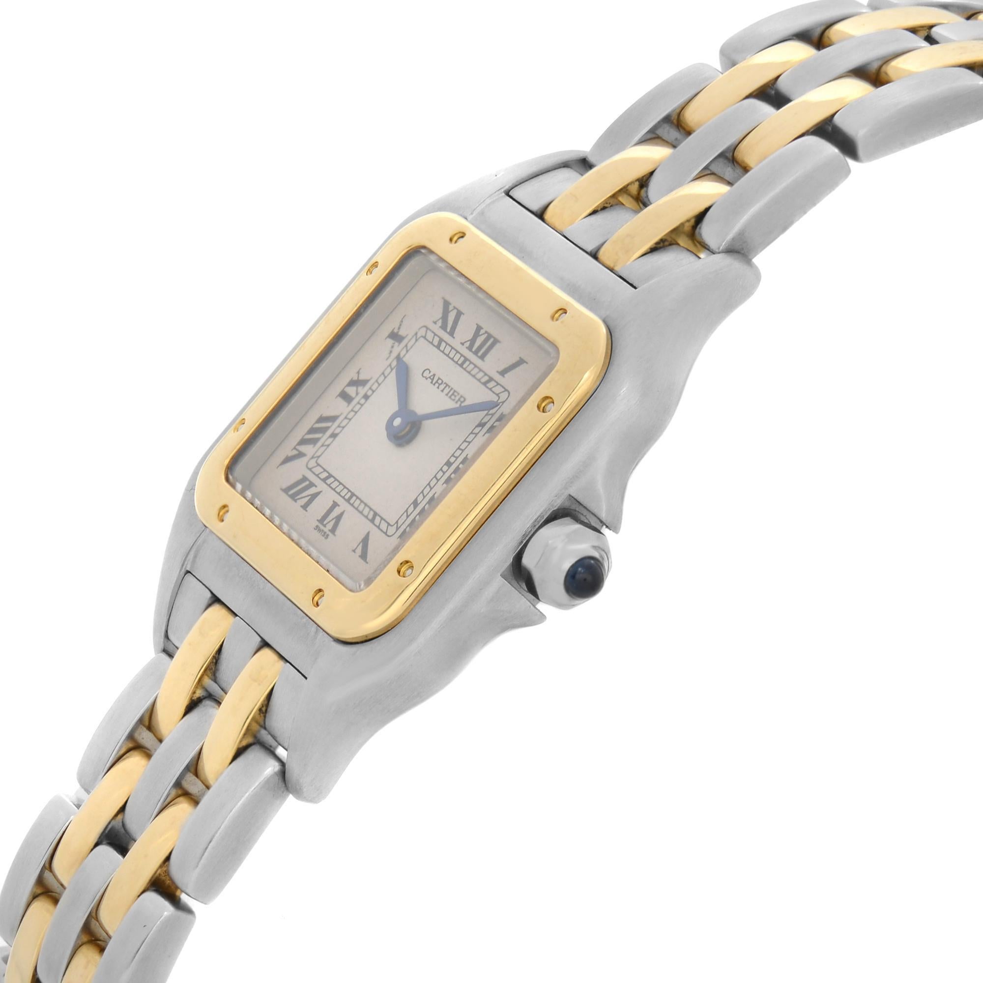 Pre-owned Cartier Panthere 18K Yellow Gold Steel Silver Dial Quartz Ladies Watch 1120. This Beautiful Timepiece is Powered by a Quartz (Battery) Movement and Features: Stainless Steel Case with an 18kt Yellow Gold and Stainless Steel Bracelet. Fixed