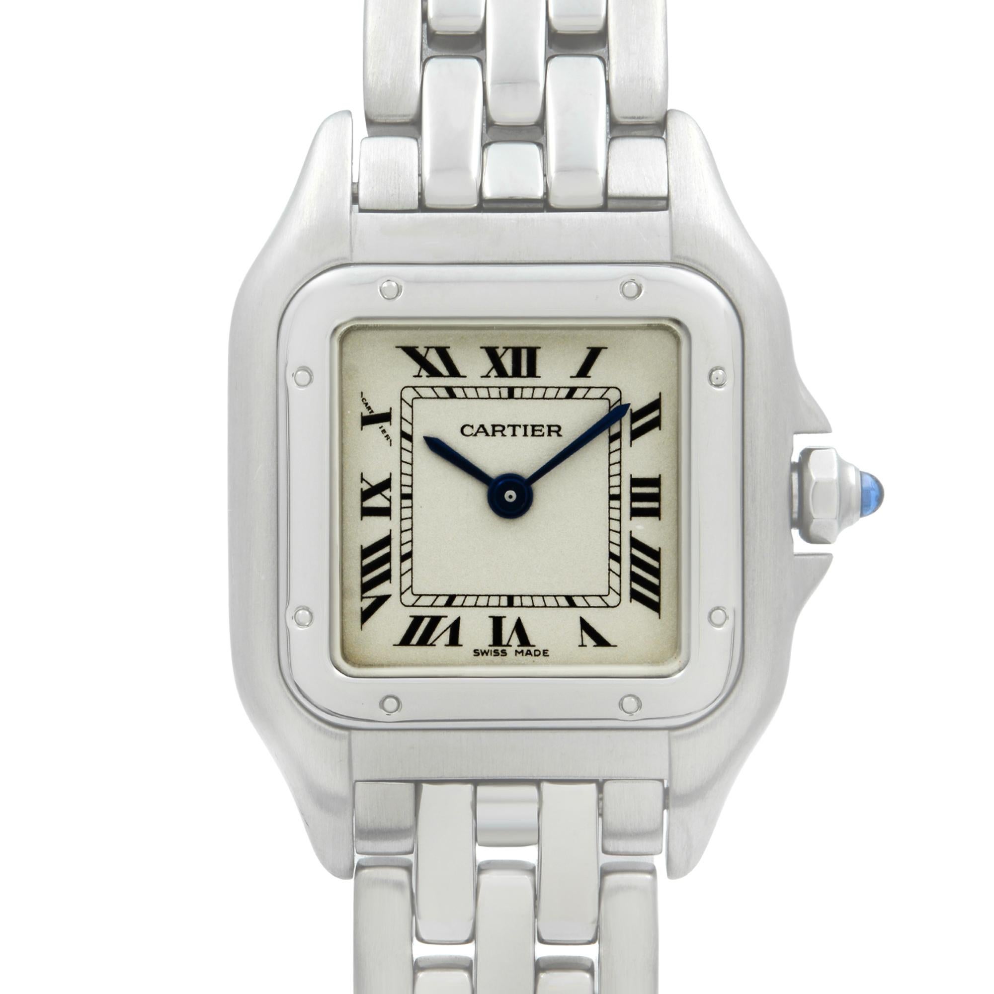 Pre-owned Cartier Panthere Steel Silver Square Roman Dial Quartz Ladies Watch. Shows Minor Slack and Missing Links on the Bracelet. Fits a 6.25 inches wrist. No Original Box and Papers are included.
Brand Cartier
Department Women 
Model Number