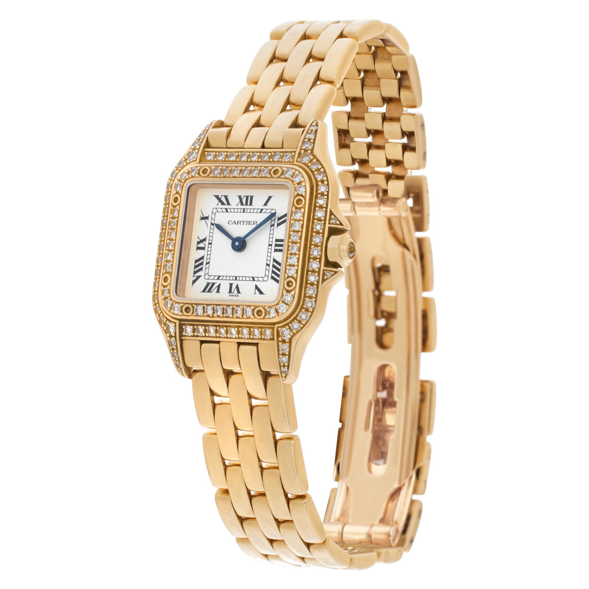 ICONIC! Cartier Panthere in 18k with original diamond bezel, diamond lugs and diamond case. Quartz with date. 22 mm case size. Ref WF3072B9 Fine Pre-owned Cartier Watch.

Certified preowned Dress Cartier Panthere WF3072B9 watch is made out of yellow