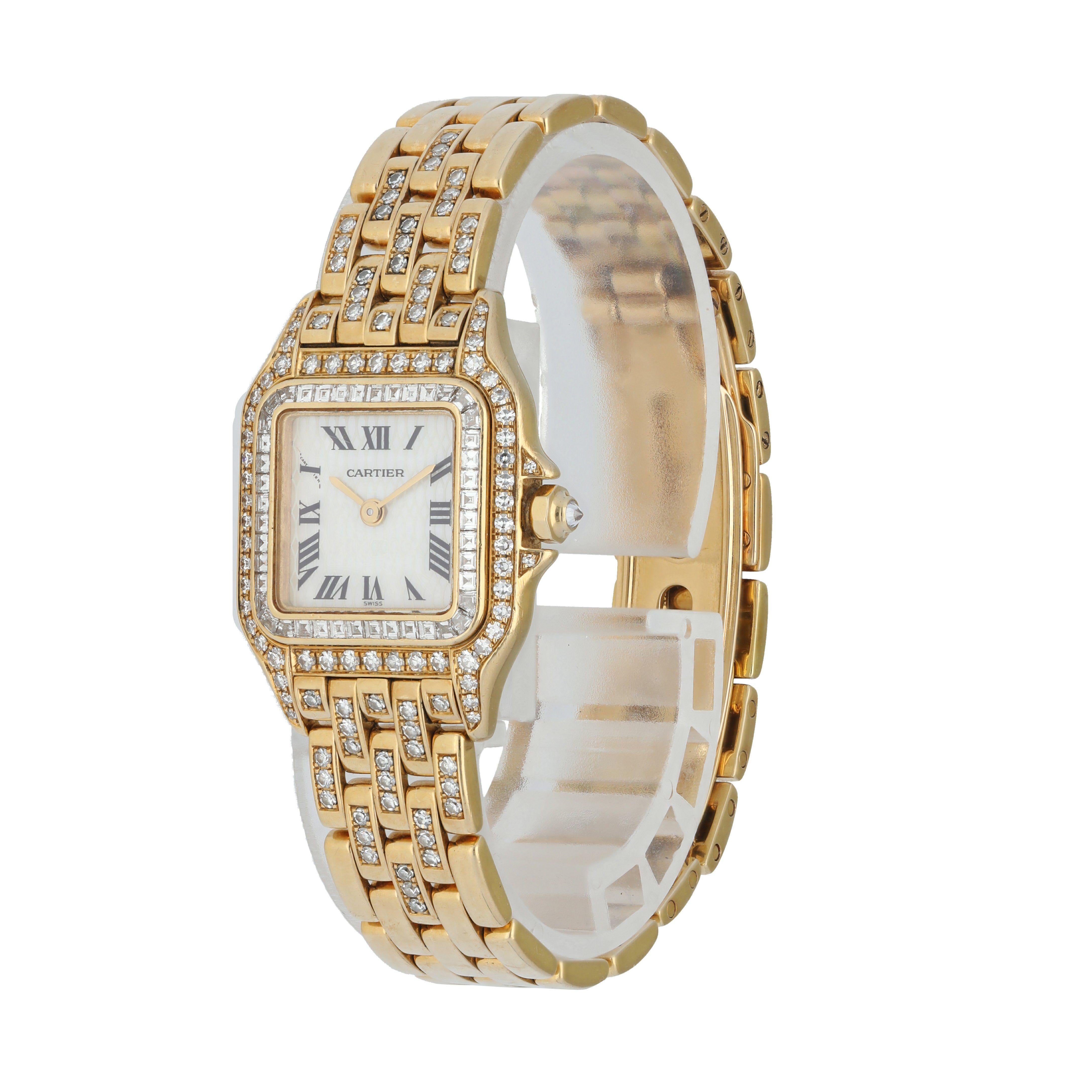 Cartier Panthere 2361 MOP Dial Diamond Ladies Watch.
22mm yellow gold case with factory set diamond case and bezel.
Mother of pearl anniversary dial with gold hands and Roman numeral hour markers. 
Yellow gold bracelet with factory set diamonds and