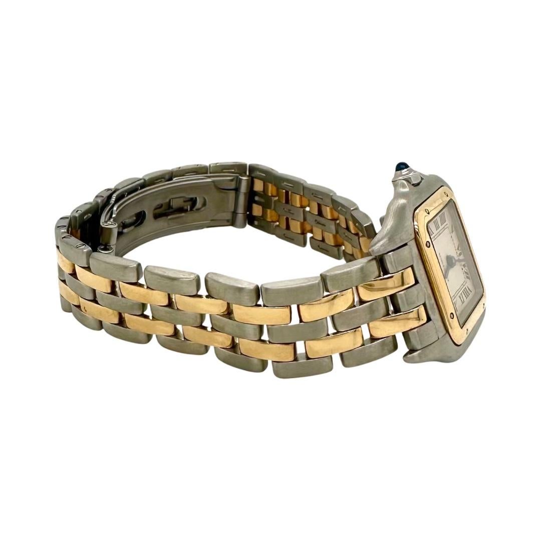 Brand: Cartier​​​​​​​
Model Name: Panthere
Movement: Quartz
Case Size: 23 mm 
Dial Color:  White
Metal:  Yellow Gold & Stainless Steel
Bracelet: Two-Tone​​​​​​​
Hour Markers: Roman Numerals 
Crystal: Sapphire Crystal 
Includes: Brilliance Jewels 2