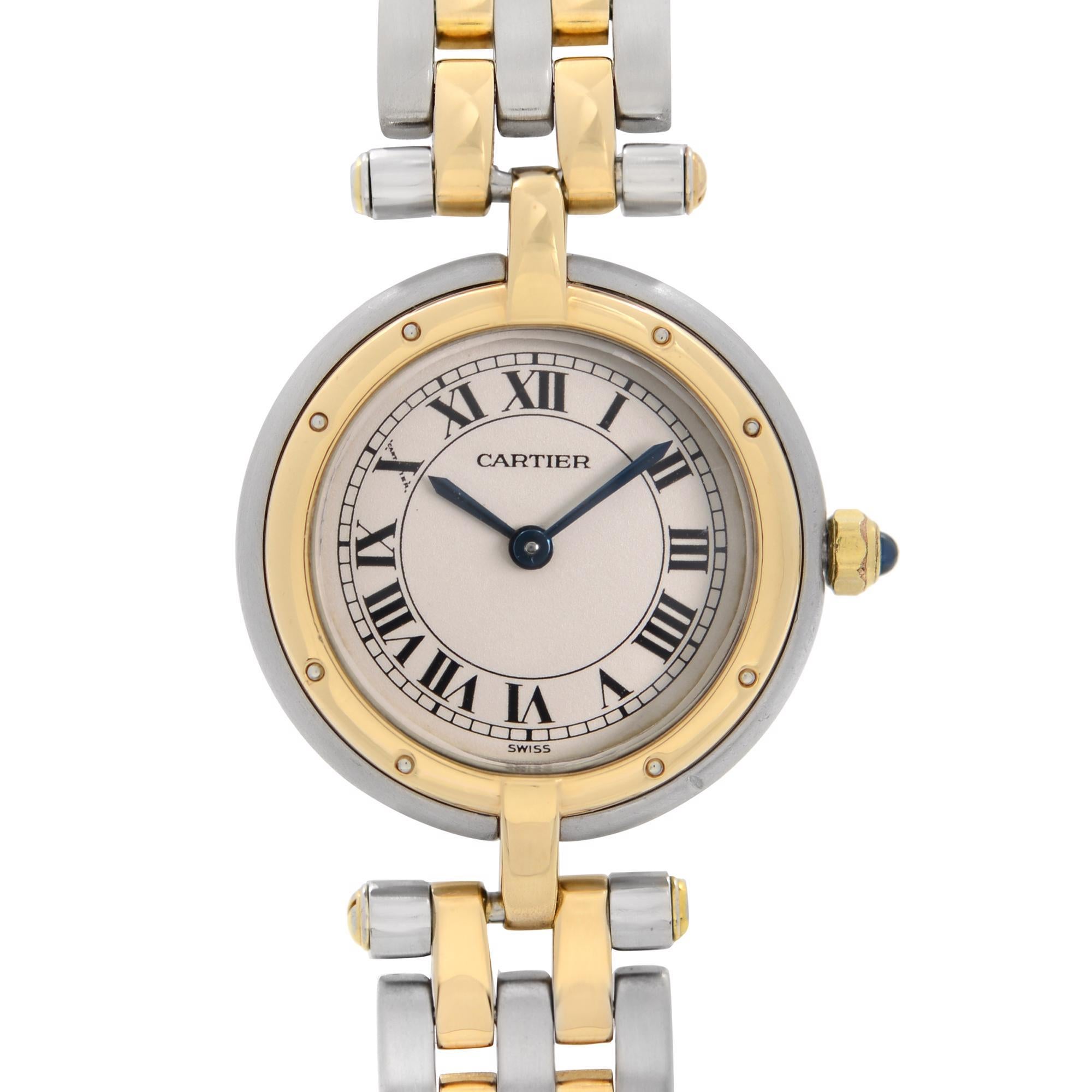 Pre-owned Cartier Panthere 24mm 2 Row 18K Gold Steel Beige Dial Quartz Ladies Watch 16109. Band Shows Moderate Slack. This Beautiful Timepiece is Powered by Quartz (Battery) Movement And Features: Round Stainless Steel Case with a Steel and 18k