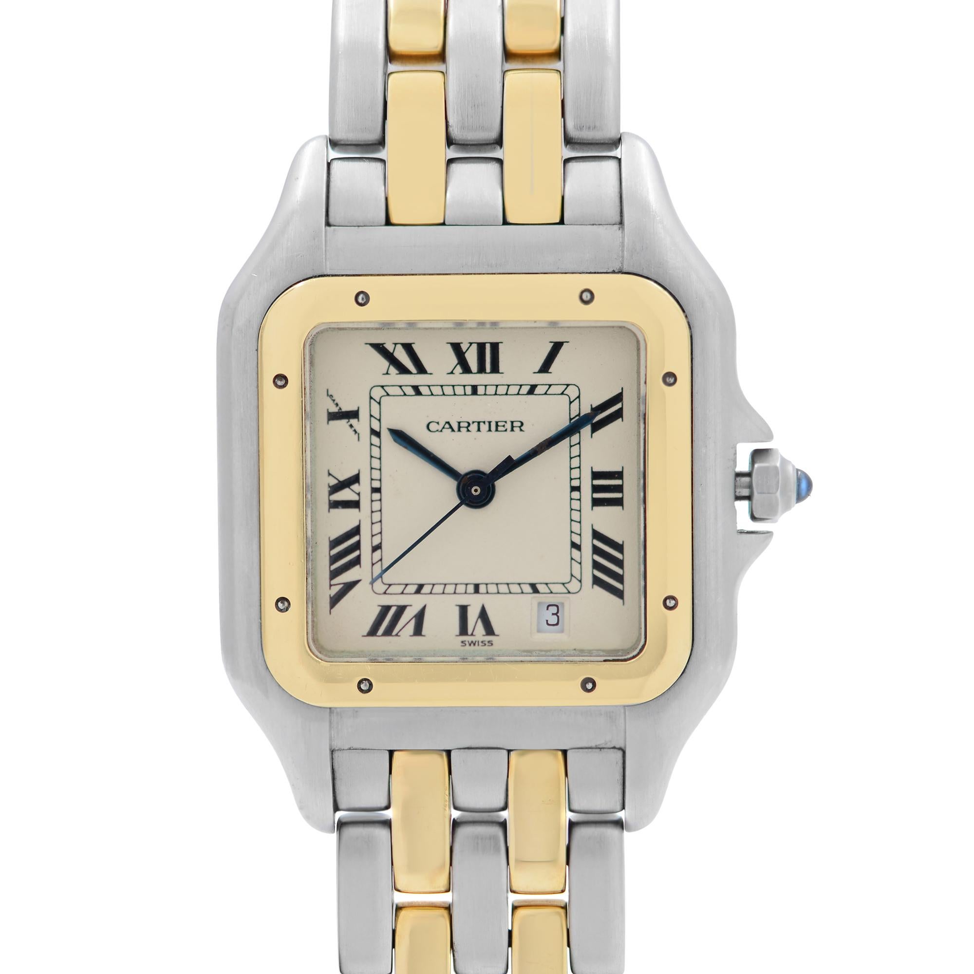 Pre-Owned Cartier Panthere 26mm 18K Yellow Gold and Steel Cream Dial Ladies Quartz Watch 183949.  Two-Row Band. This Beautiful Timepiece Features: Stainless Steel Case with an 18kt Yellow Gold and Stainless Steel Bracelet. Fixed Yellow Gold-tone