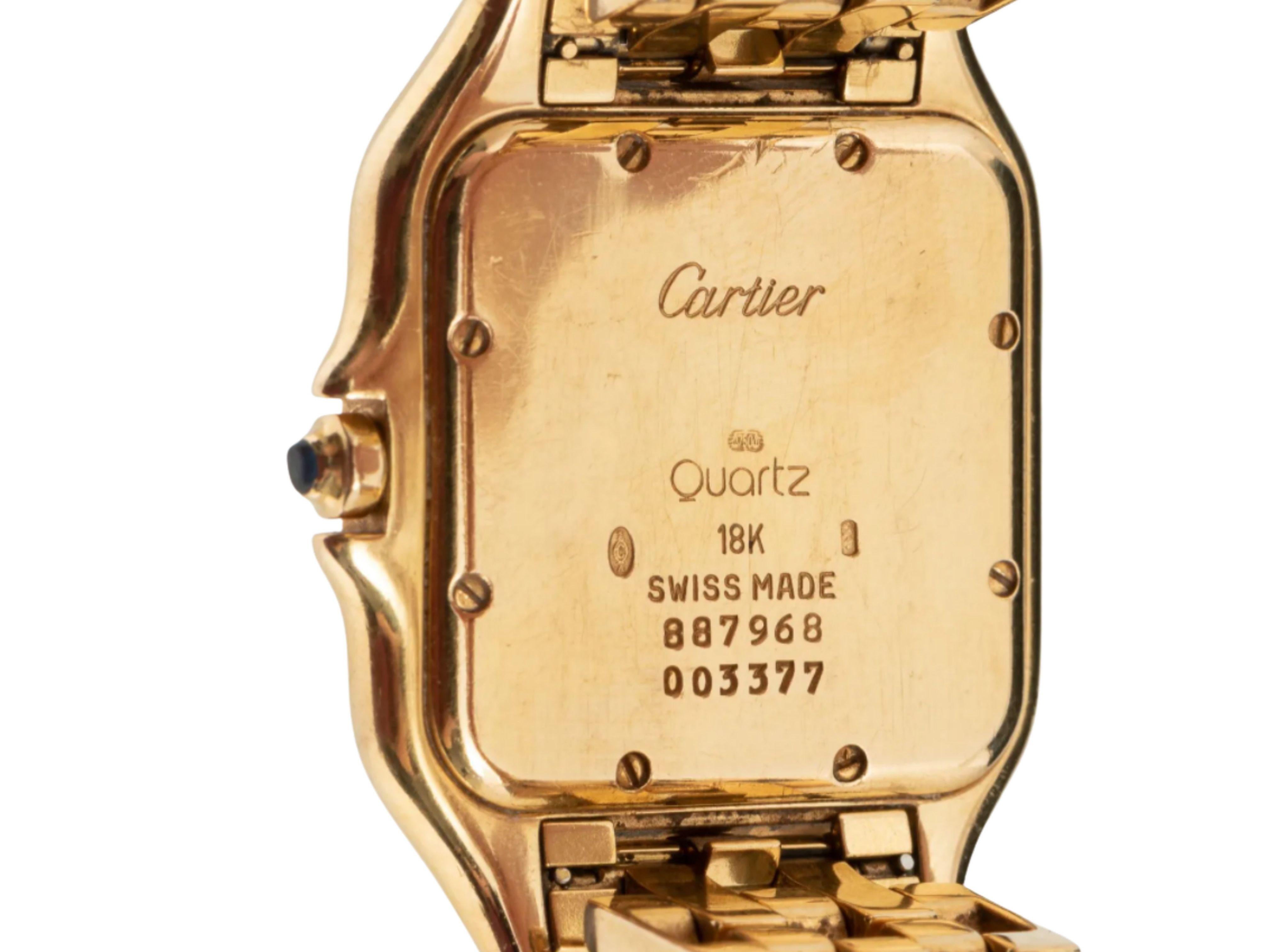 18k Cartier Panthere Model 887968 quartz wristwatch. White dial with Roman numerals, Swiss quartz movement. MEASUREMENTS: 67.9 dwt including works. 1-1/2