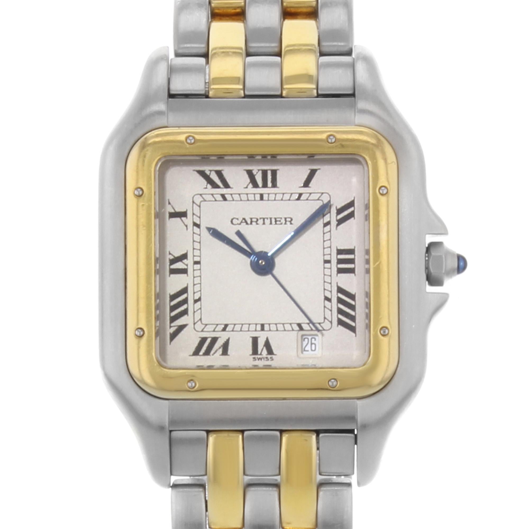 This pre-owned Cartier Panthere  ref. 1100 is a beautiful Ladie's timepiece that is powered by quartz (battery) movement which is cased in a stainless steel case. It has a square shape face, date indicator dial and has hand roman numerals style