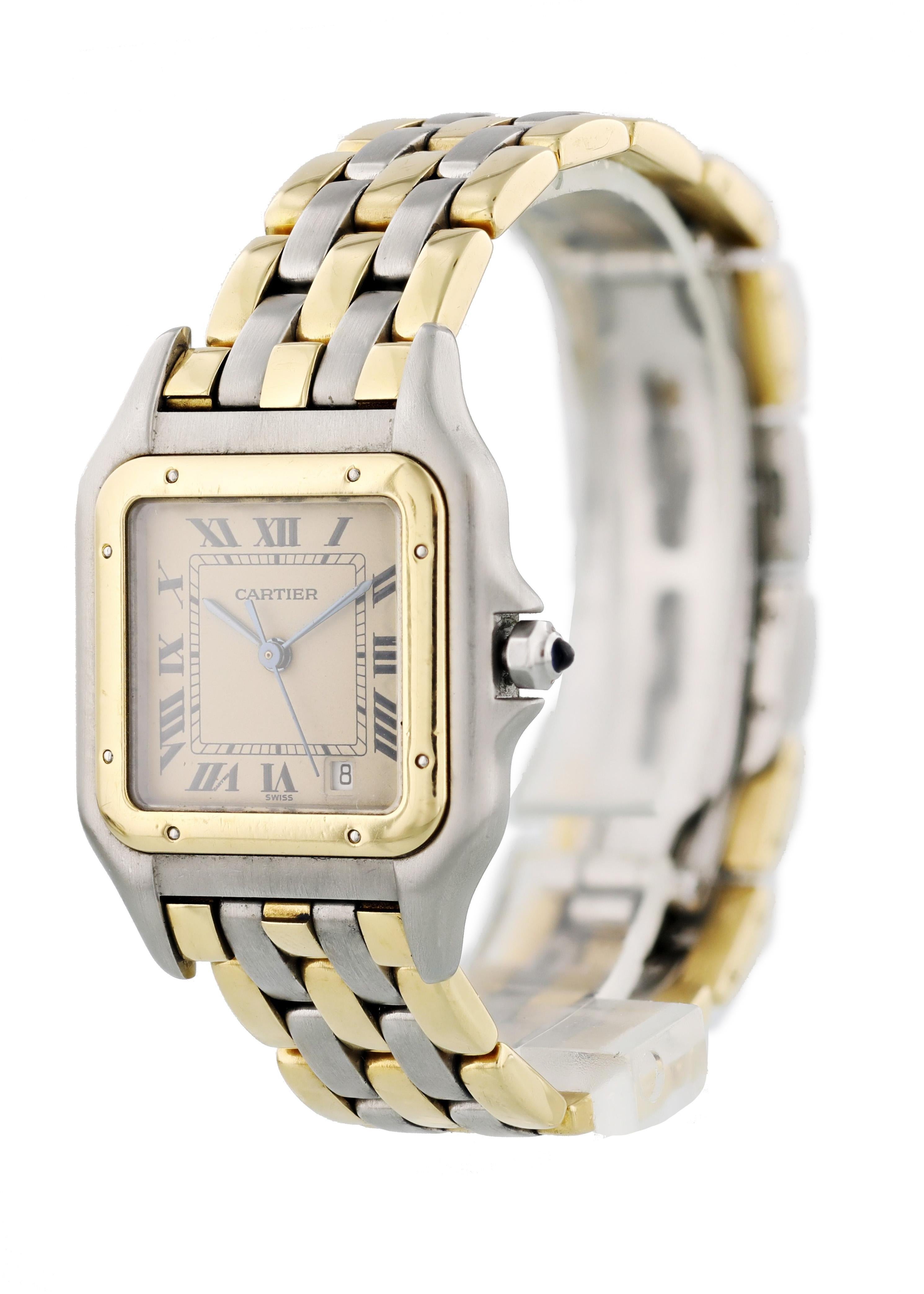 Cartier Panthere 3 Row Midsize Ladies Watch. 
27mm Stainless Steel case. 
Yellow Gold Stationary bezel. 
Off-White dial with Blue steel hands and Roman numeral hour markers. 
Minute markers on the inner dial. 
Date display between the 4 & 5 o'clock