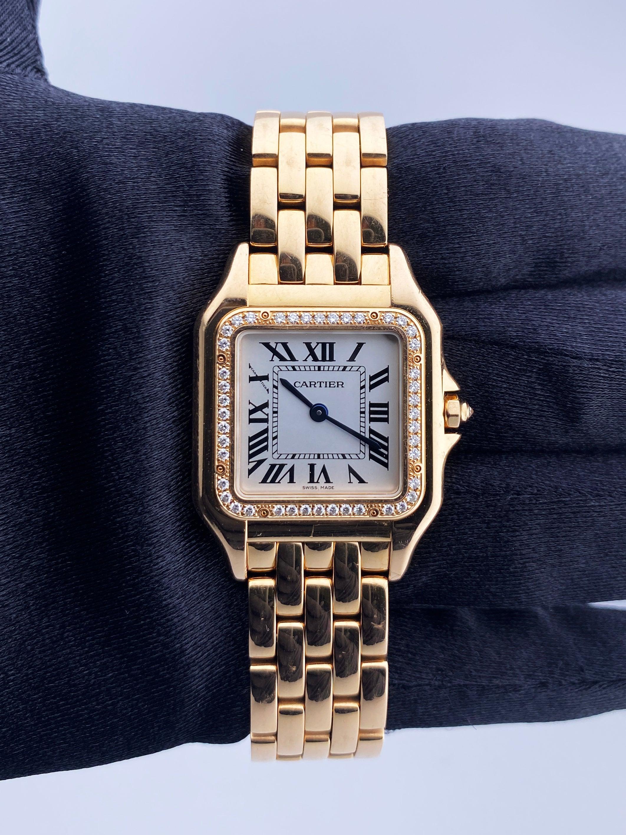 Cartier Panthere WJPN0009 Ladies Watch. 27mm 18K rose gold case. 18K rose gold  bezel with original factory diamond set. Silver dial with blue steel hands and black Roman numeral hour markers. Minute markers on the inner dial. 18k rose gold bracelet