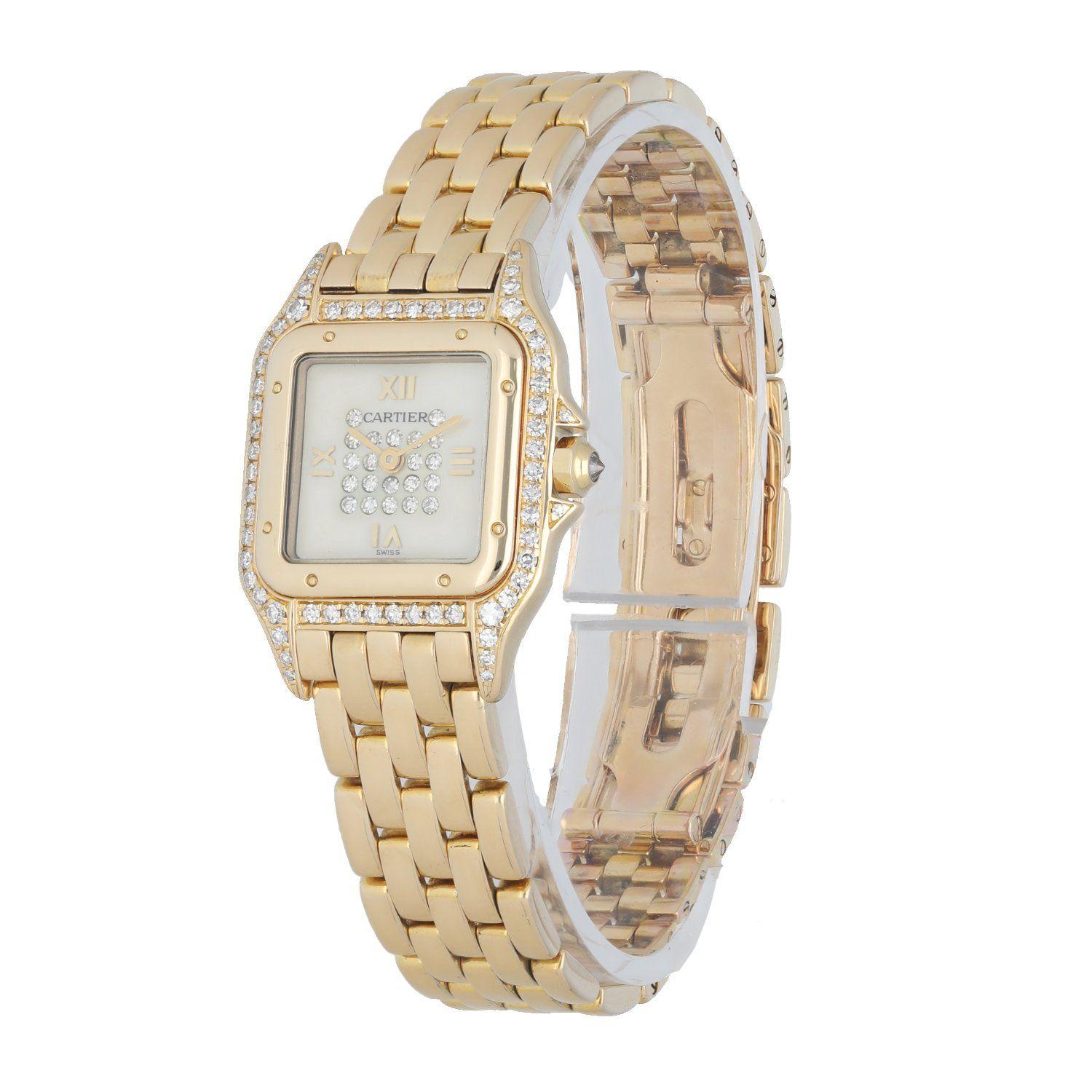 Cartier Panthere 8057915 18k Yellow Gold & Diamonds Ladies watch.Â 24mm 18k Yellow gold case. Yellow Gold Stationary bezel with factory set diamonds. Mother of pearl diamond dial.Â 18KÂ Yellow Gold Bracelet with hidden Butterfly Clasp. Will fit up