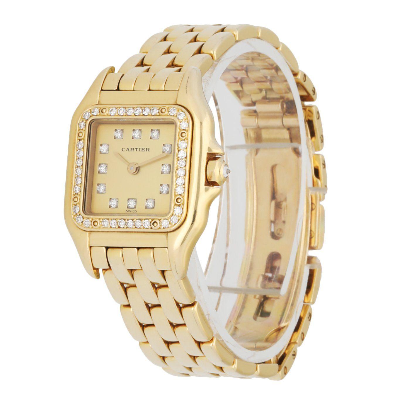 Cartier Panthere 8057915 ladies watch. 22mm 18K yellow gold case. 18K yellow gold andÂ factory diamond set bezel. Gold dial with factory diamond hour markers and gold hands. 18K yellow gold bracelet with an 18K yellow gold hidden butterfly clasp.