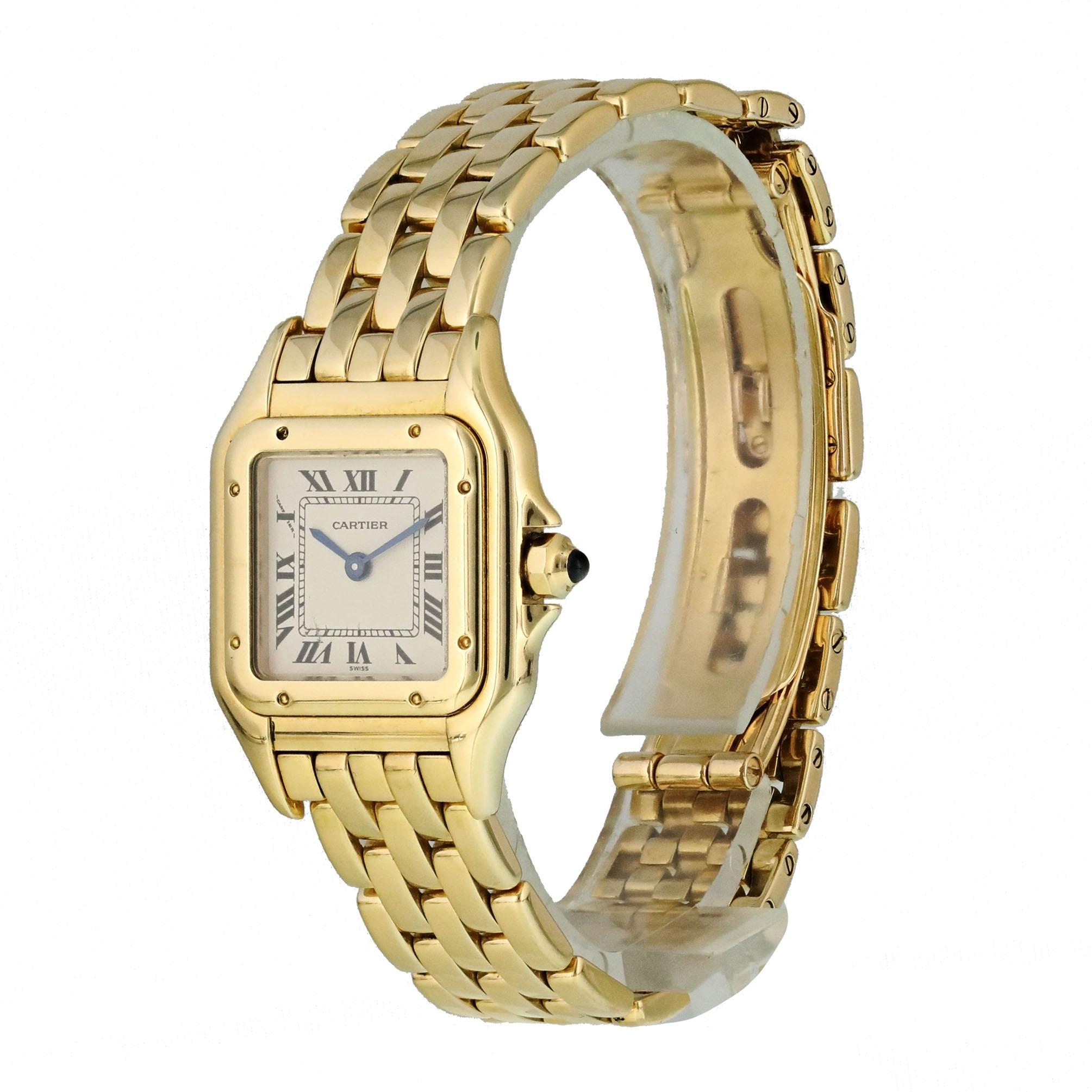 Cartier Panthere 8057917 Yellow Gold Ladies Watch. 
22mm 18k Yellow gold case. 
Yellow Gold Stationary bezel. 
Off-White dial with Blue steel hands and index hour markers. 
Minute markers on the inner dial. 
Yellow Gold Bracelet with butterfly