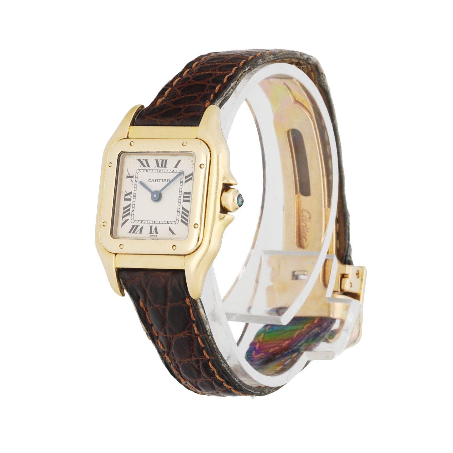 Cartier PanthereÂ 8057929 18K Yellow Gold Ladies Watch.Â 22mm 18k Yellow gold case. 18K Yellow Gold Stationary bezel. Off-White dial with Blue steel hands andÂ Roman numeral hour markers. Minute markers on the inner dial. Brown leather strapÂ with