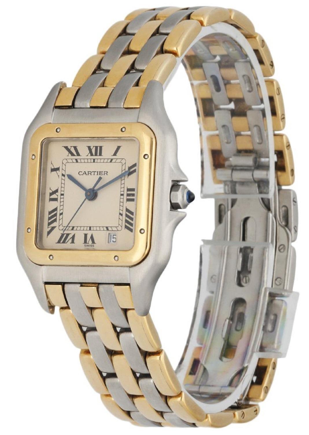 Cartier Panthere three row midsize watch. 27mm Stainless Steel case. 18K yellow gold smooth bezel. Off-White dial with blue steel hands and black  Roman numeral hour markers. Minute markers on the inner dial. Date display at the 5 o'clock position.