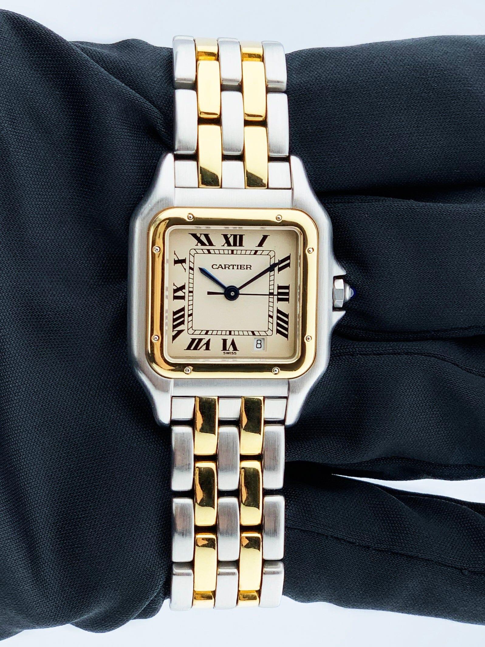 Cartier Panthere Midsize Ladies Watch. 27mm Stainless Steel case. 18K Yellow Gold bezel. Off-White dial with Blue steel hands and Roman numeral hour markers. Minute markers on the inner dial. Date display at the 5 o'clock position. Stainless steel