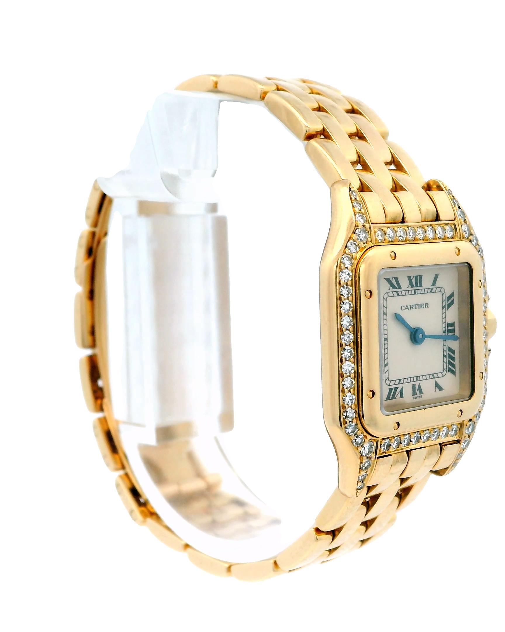 La montre pour dames Cartier Panthere 8669 est une pièce étonnante qui incarne le luxe et la sophistication. Son boîtier de 22 mm, réalisé en or jaune 18 carats, est orné de diamants sertis en usine, ce qui lui confère une touche d'éclat. La lunette
