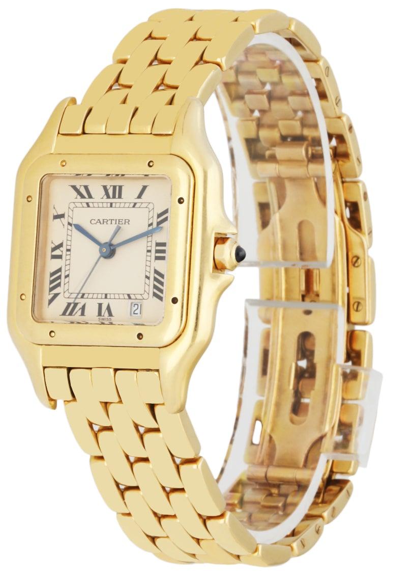 Cartier Panthere  8839 Watch. 27mm 18k Yellow gold case. 18K Yellow gold bezel. Off-White dial with Blue steel hands and Roman numeral hour markers. Minute markers on the inner dial. Date display at the 5 o'clock position. 18K Yellow Gold Bracelet