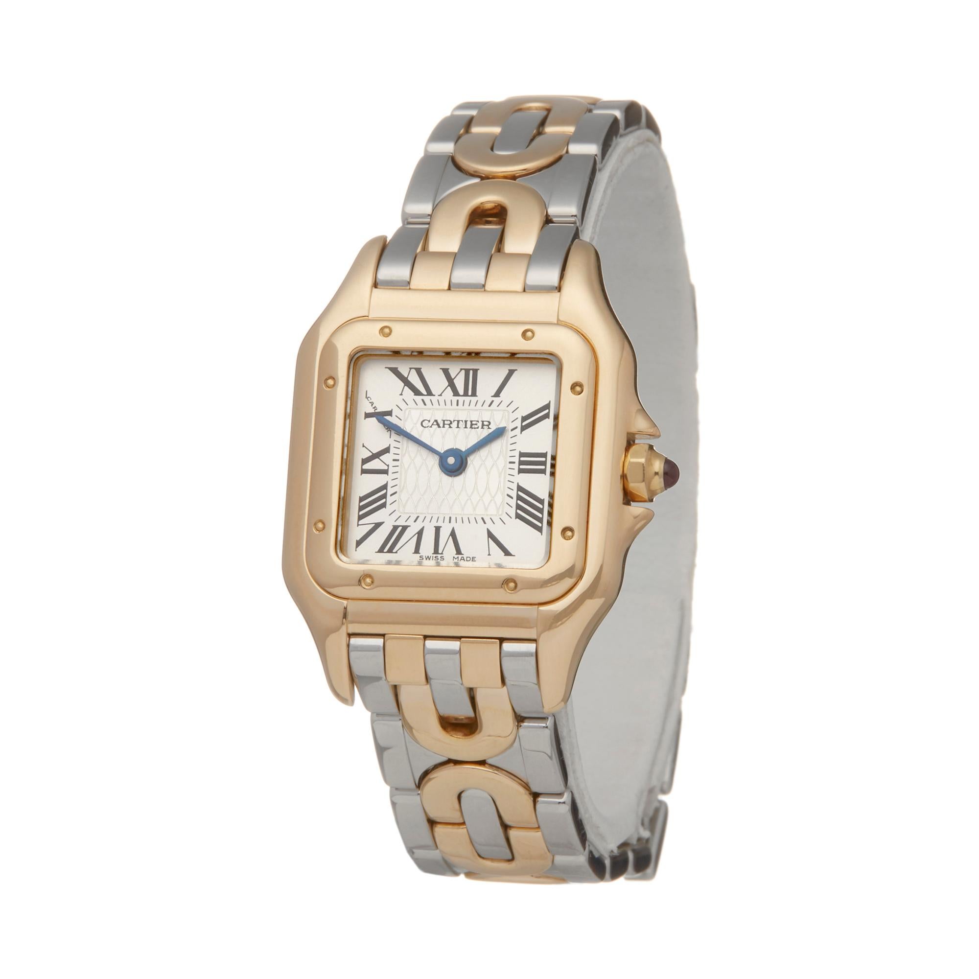 Reference: W5953
Manufacturer: Cartier
Model: Panthère
Age: Circa 1997
Gender: Women's
Box and Papers: Box and Service Papers
Dial: White Roman
Glass: Sapphire Crystal
Movement: Quartz
Water Resistance: To Manufacturers Specifications
Case: 18K