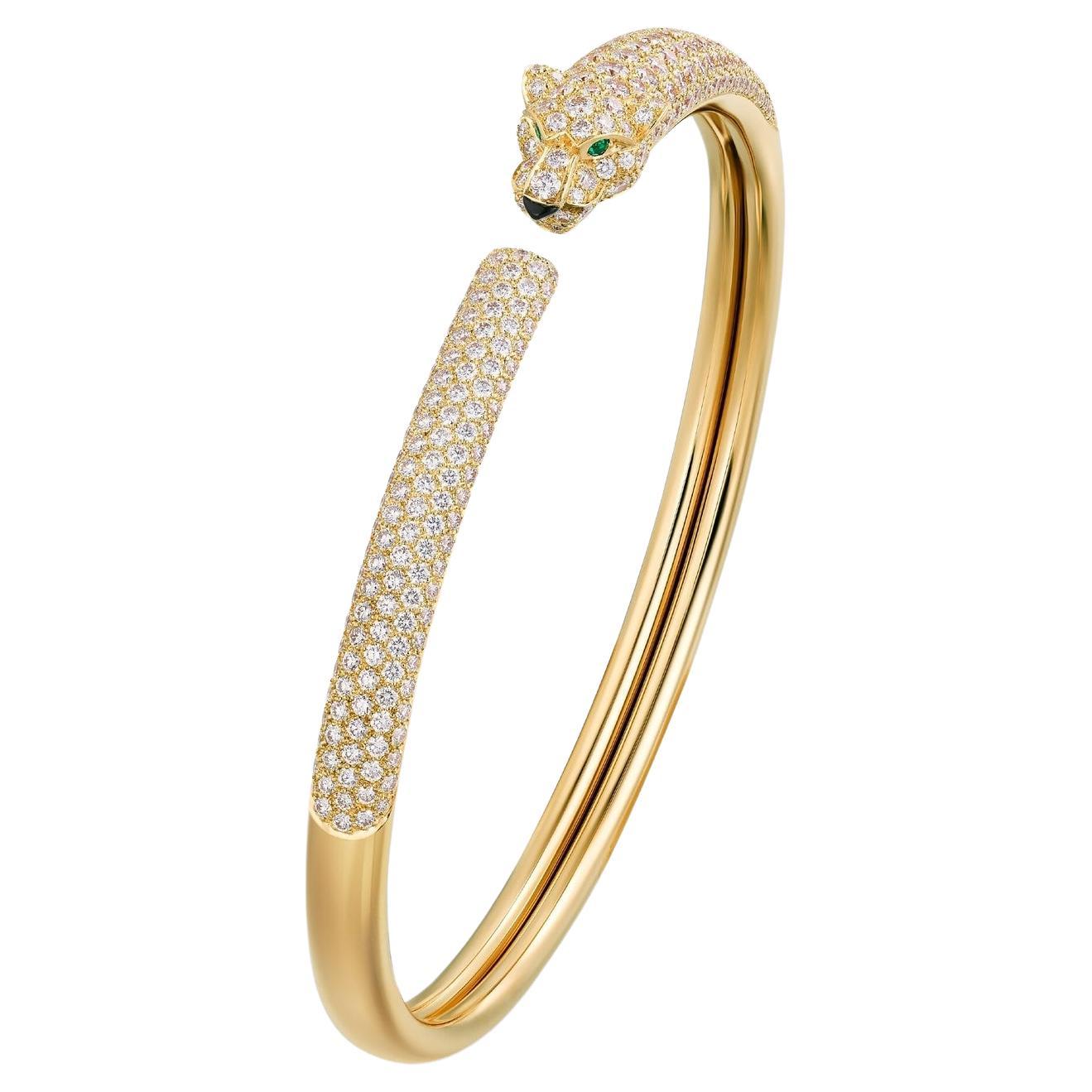 Cartier Panther-Armband aus 18 Karat  Gold, Smaragd, Onyx und Diamanten mit Schachtel im Angebot