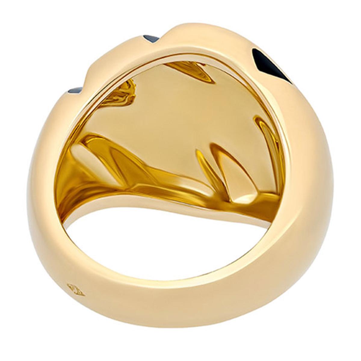 An iconic Cartier panthere yellow gold ring showcasing a panthere claw set with black enamel in 18k yellow gold. The ring measures a size 6 1/2 and can be resized.