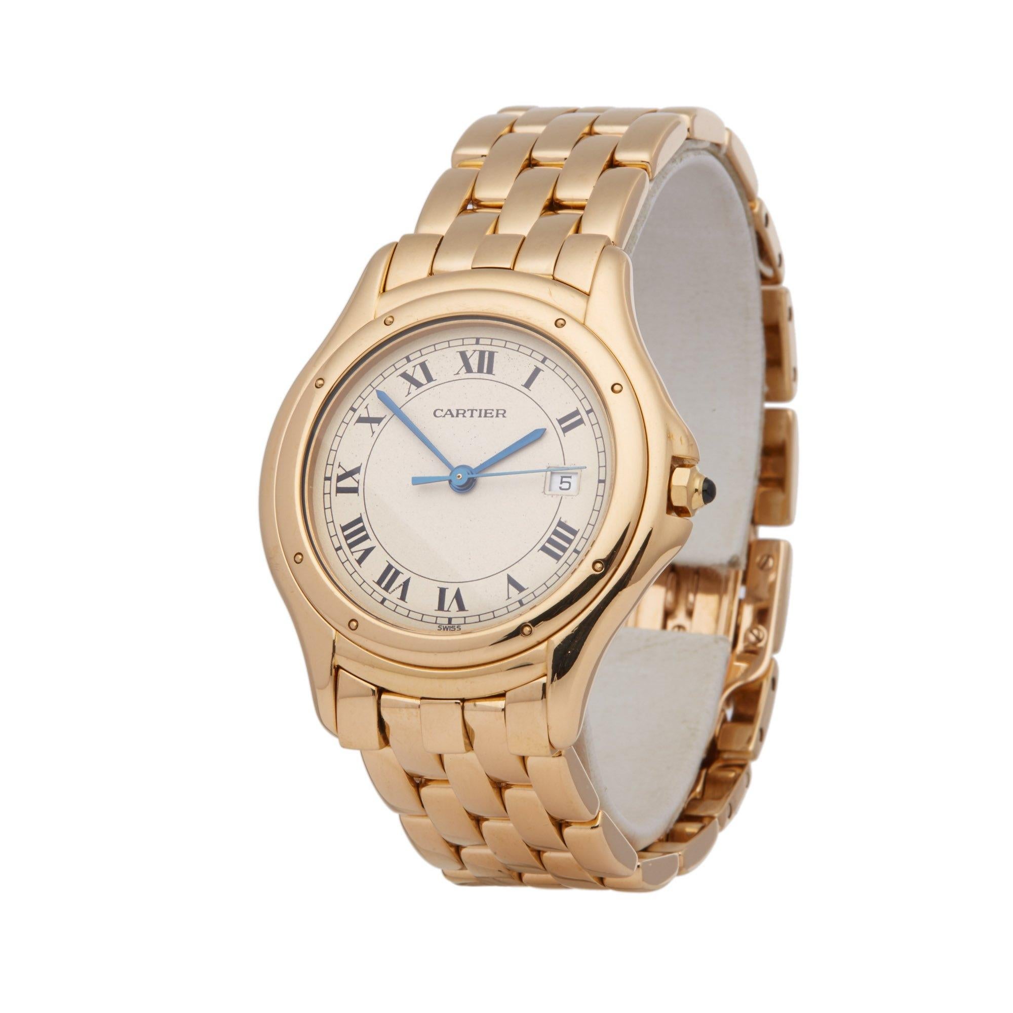 Xupes Reference: W007173
Manufacturer: Cartier
Model: Panthère
Model Variant: Cougar
Model Number: 116000R
Age: Circa 1990's
Gender: Unisex
Complete With: Cartier Box 
Dial: White Roman
Glass: Sapphire Crystal
Case Size: 33mm
Case Material: Yellow