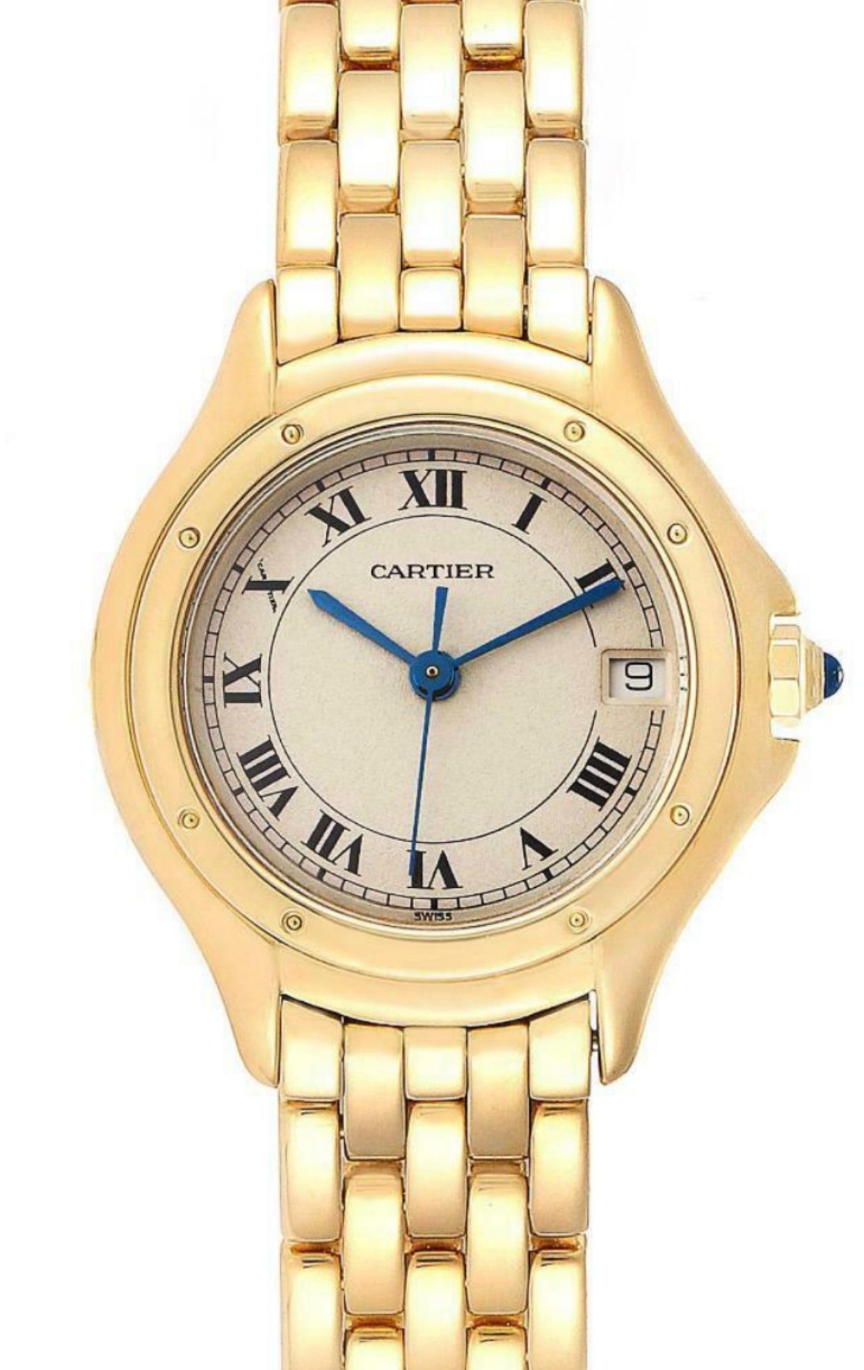Cartier Panthere Cougar 18K Yellow Gold Ladies Watch . Quartz movement. 18k yellow gold round case 26.0 mm in diameter Octagonal crown set with the diamond. 18k yellow gold bezel. Scratch resistant sapphire crystal. Silver dial with roman numerals.