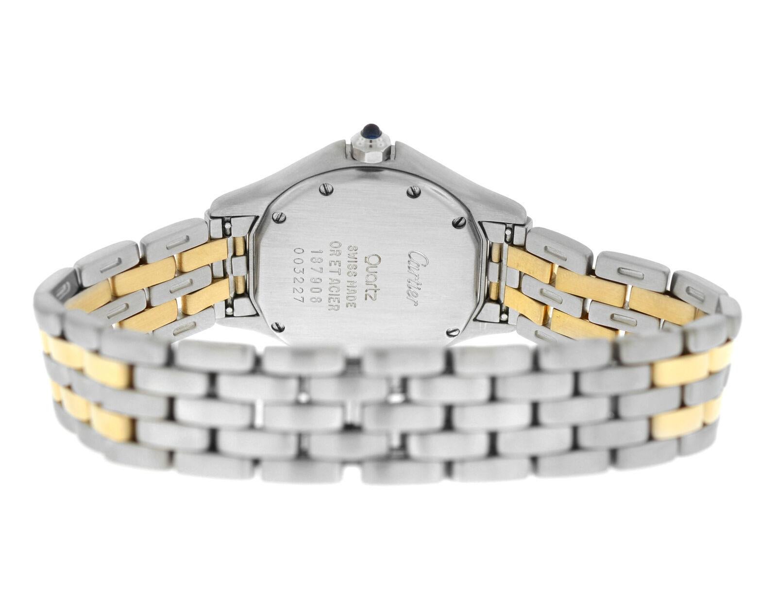 Brand	Cartier
Model	Panthere Cougar 187906C
Gender	Ladies
Condition	Pre-owned
Movement	Swiss Quartz
Case Material	Stainless Steel & 18K Yellow Gold
Bracelet / Strap Material	
Stainless Steel  & 18K Yellow Gold

Clasp / Buckle Material	
Stainless