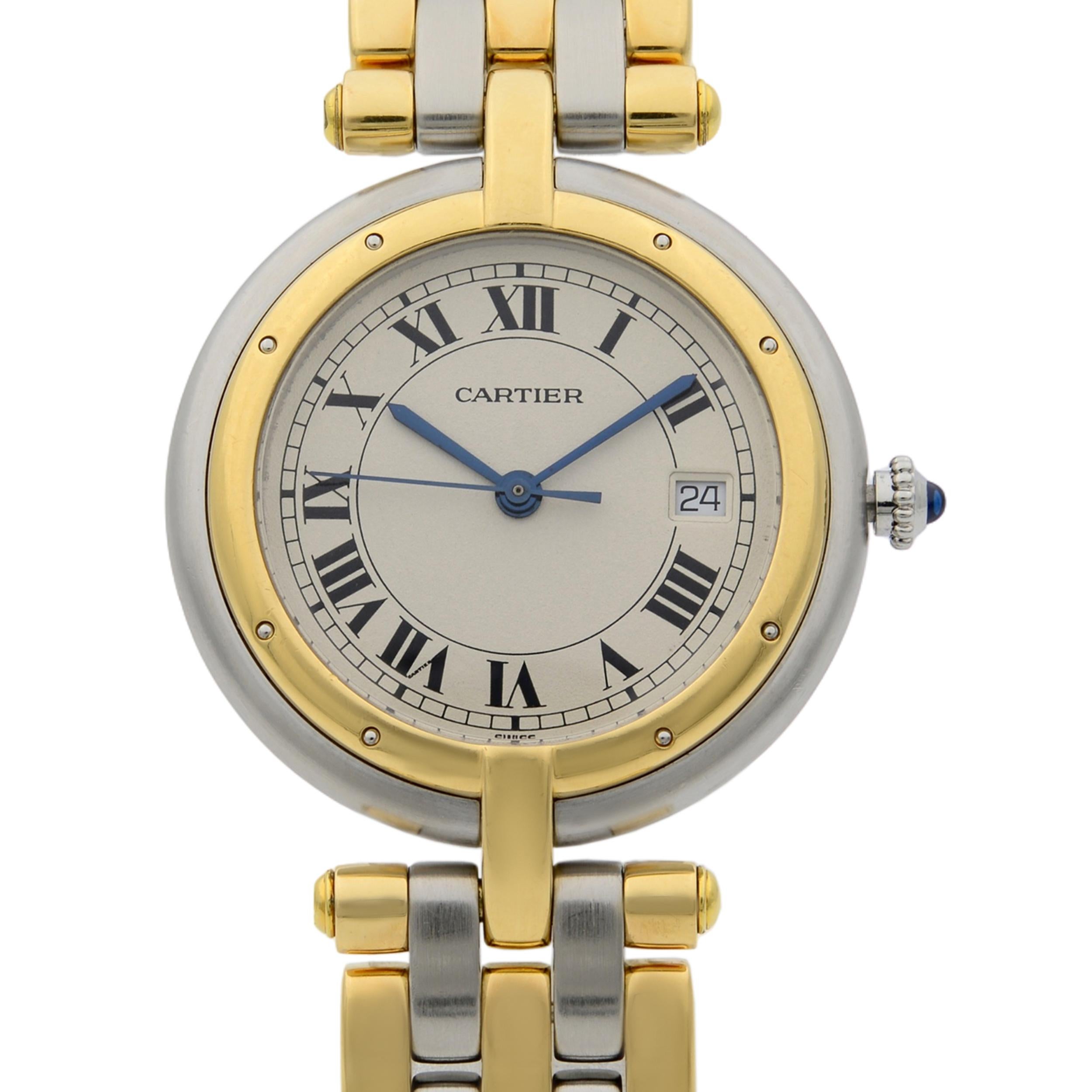 This pre-owned Cartier Panthere  183964 is a beautiful Ladie's timepiece that is powered by quartz (battery) movement which is cased in a stainless & solid gold case. It has a round shape face, date indicator dial and has hand roman numerals style